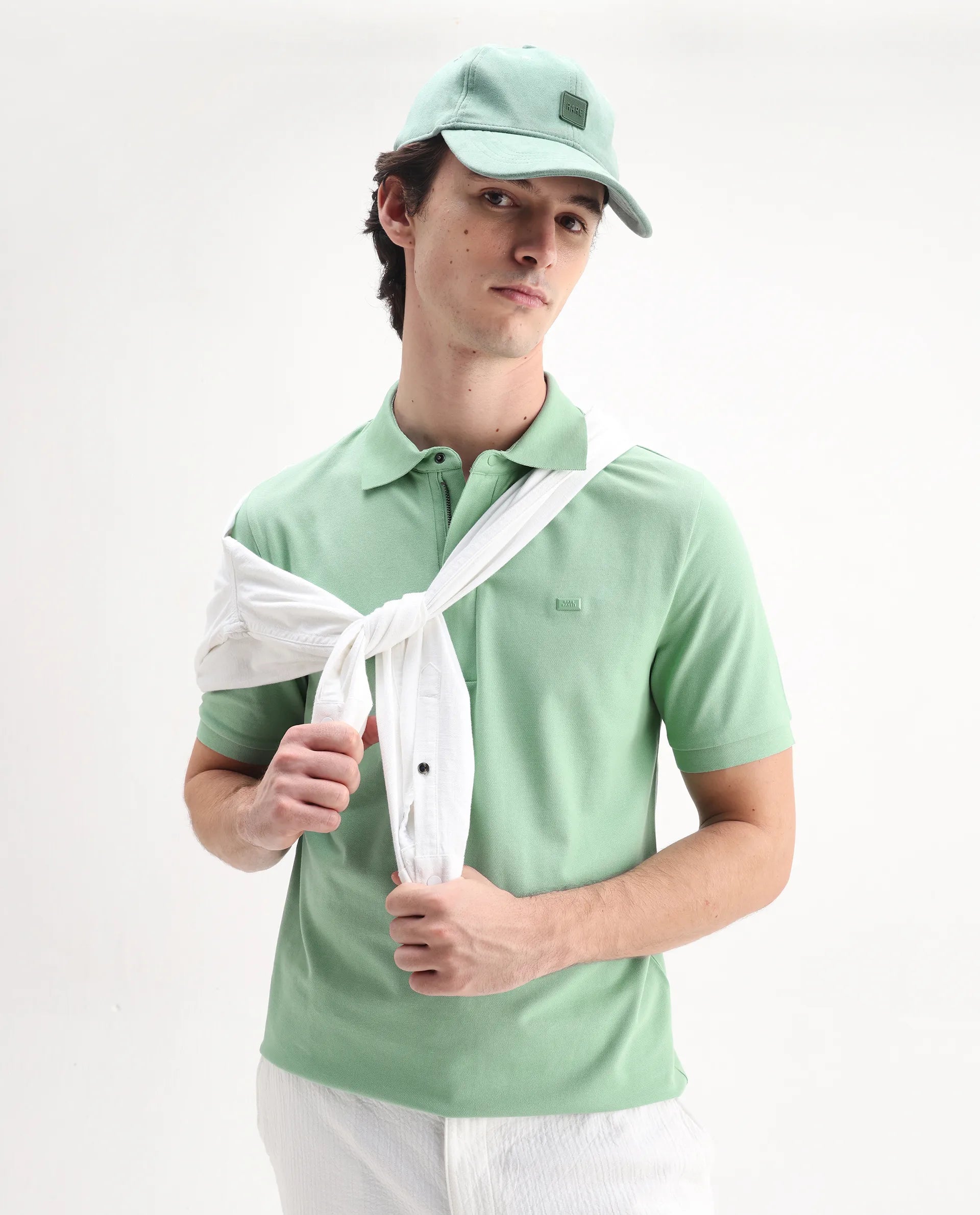 Rare Rabbit Men's Salis-25 Green Cotton Plain Regular Fit Half Sleeve Polo
