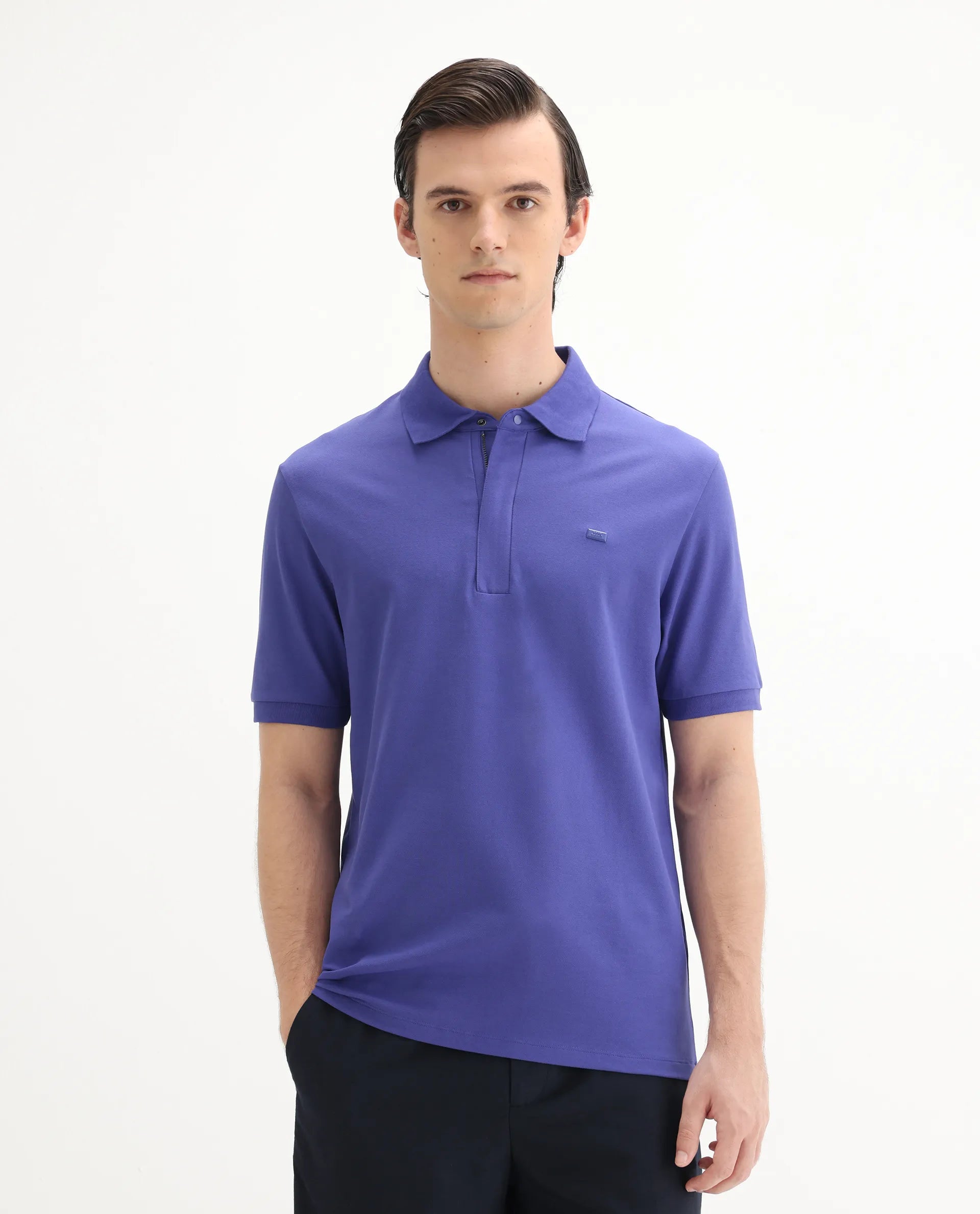 Rare Rabbit Men's Salis-25 Purple Cotton Plain Regular Fit Half Sleeve Polo
