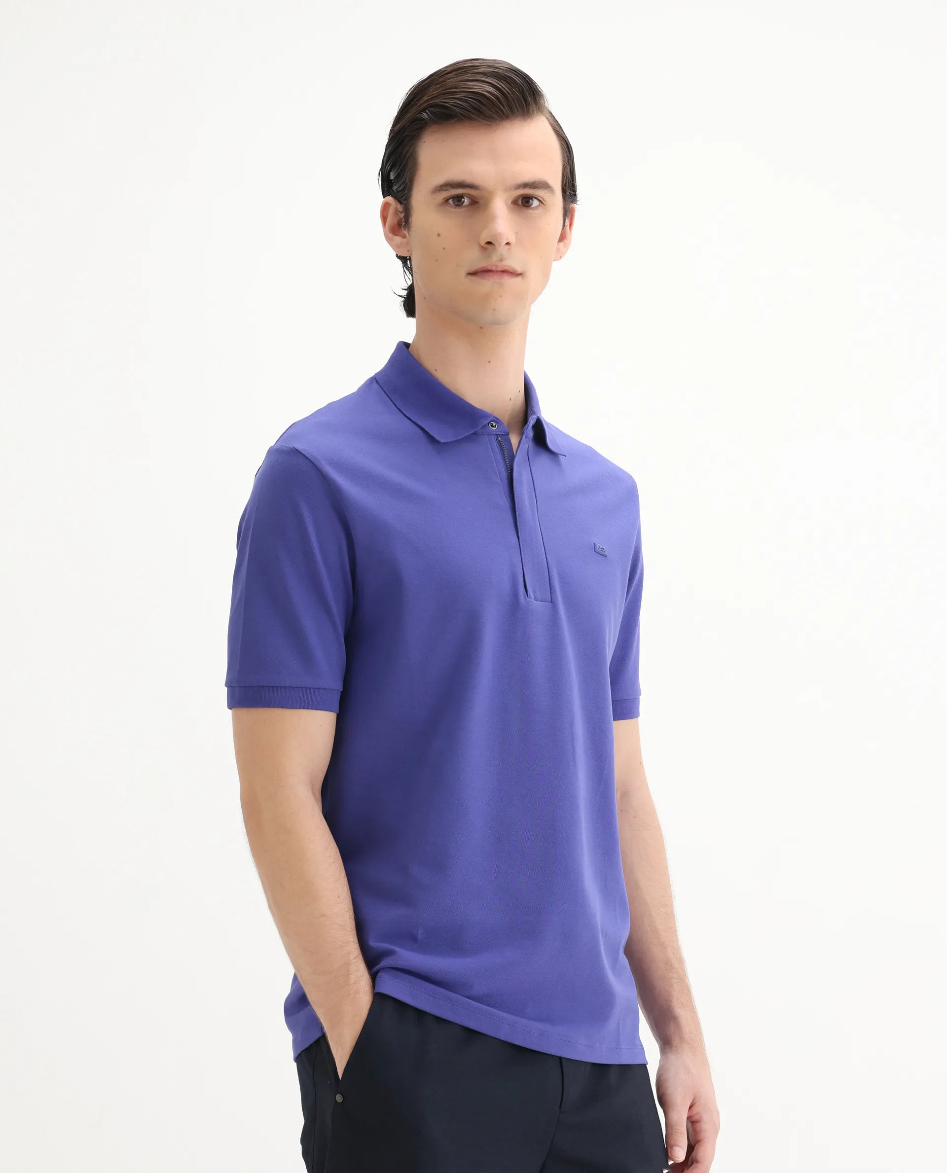Rare Rabbit Men's Salis-25 Purple Cotton Plain Regular Fit Half Sleeve Polo