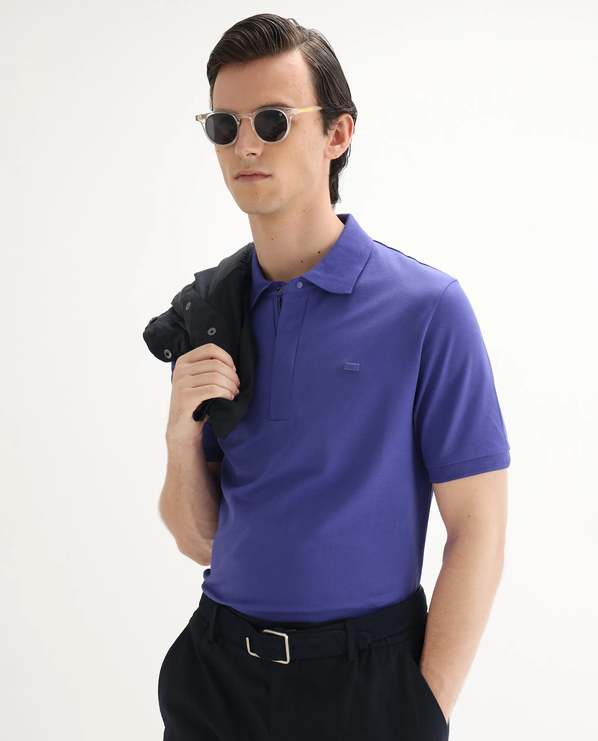 Rare Rabbit Men's Salis-25 Purple Cotton Plain Regular Fit Half Sleeve Polo