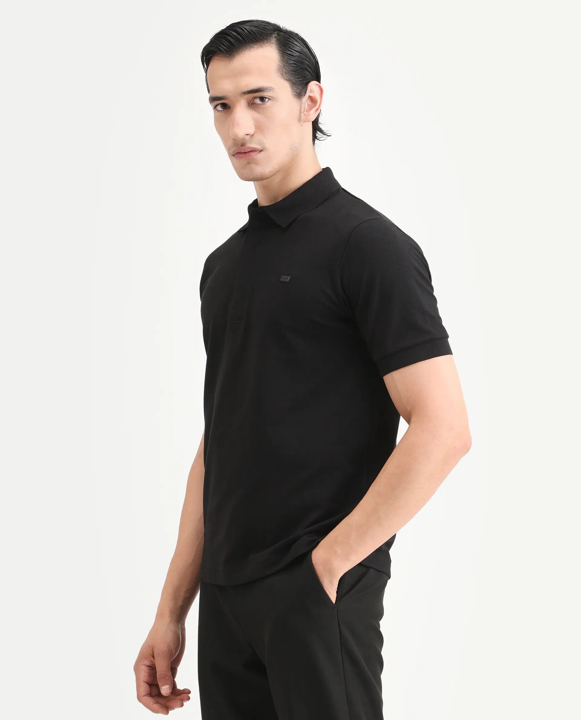 Rare Rabbit Men's Salis-S26 Black Cotton Blend Fabric Half Sleeve Spread Collar Regular Fit Plain Polo