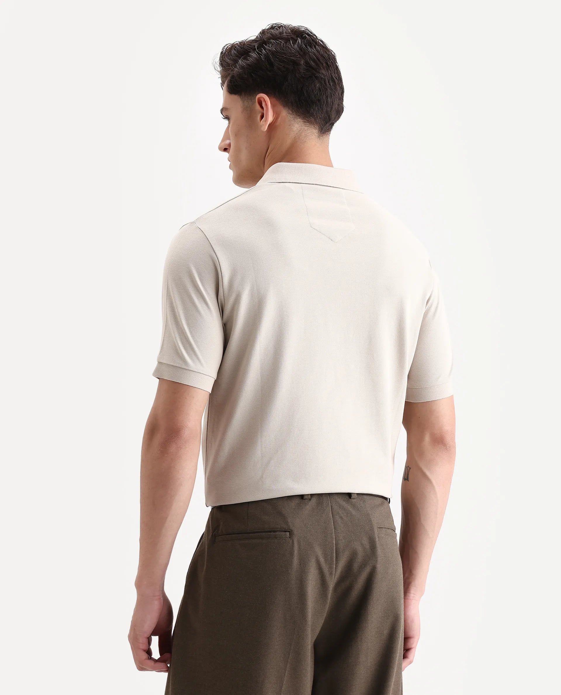 Rare Rabbit Men's Salis-A25 Beige Cotton Blend Plain Regular Fit Half Sleeve Polo