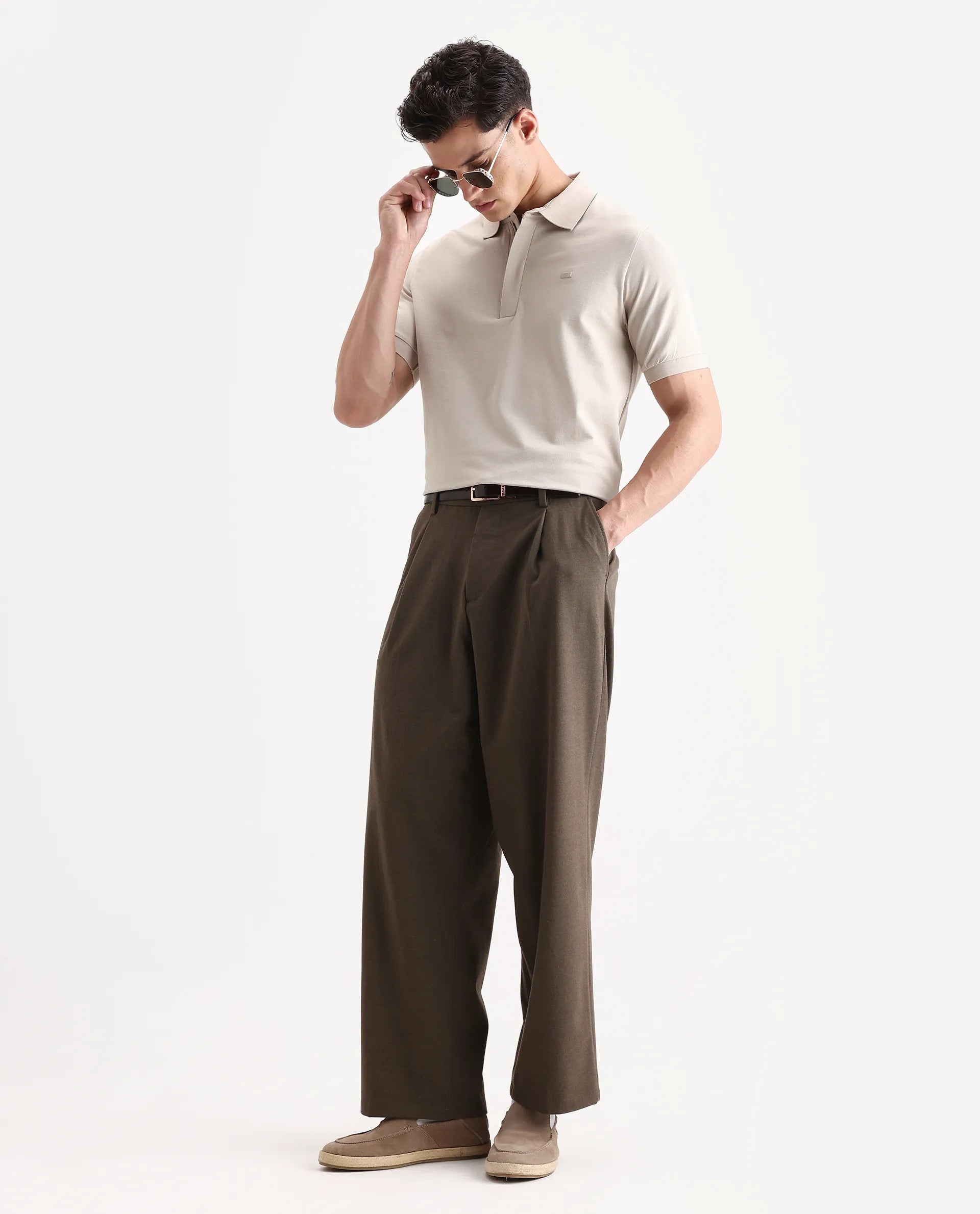 Rare Rabbit Men's Salis-A25 Beige Cotton Blend Plain Regular Fit Half Sleeve Polo