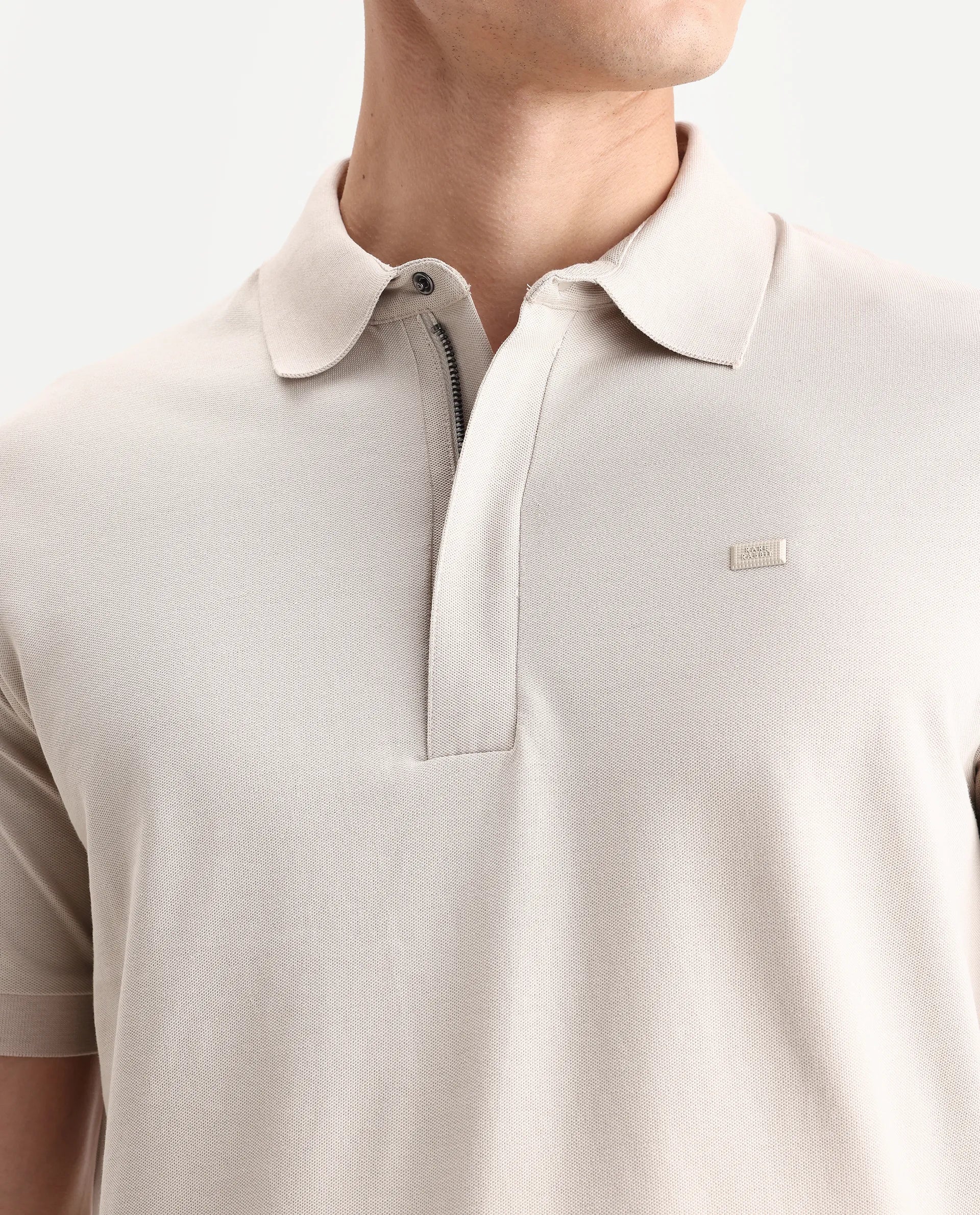 Rare Rabbit Men's Salis-A25 Beige Cotton Blend Plain Regular Fit Half Sleeve Polo