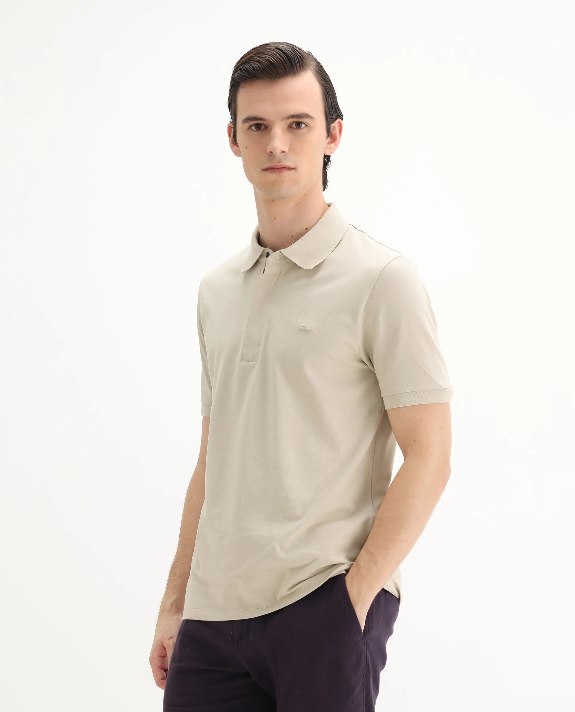 Rare Rabbit Men's Salis-25 Beige Cotton Plain Regular Fit Half Sleeve Polo