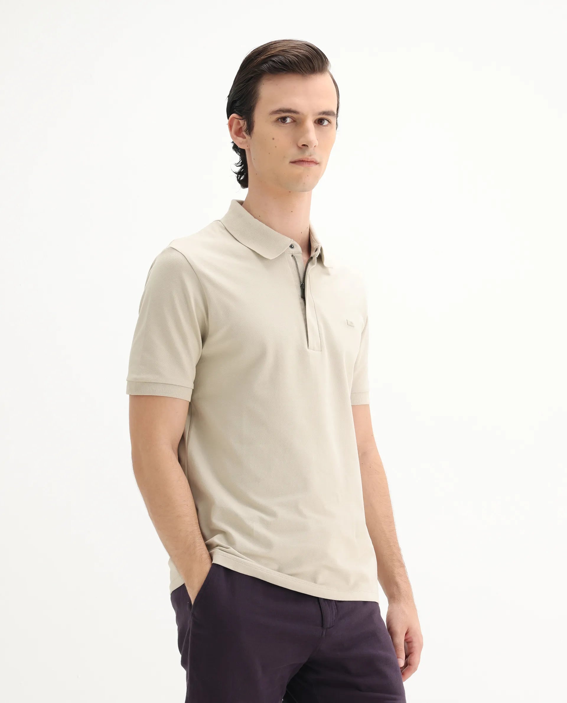 Rare Rabbit Men's Salis-25 Beige Cotton Plain Regular Fit Half Sleeve Polo