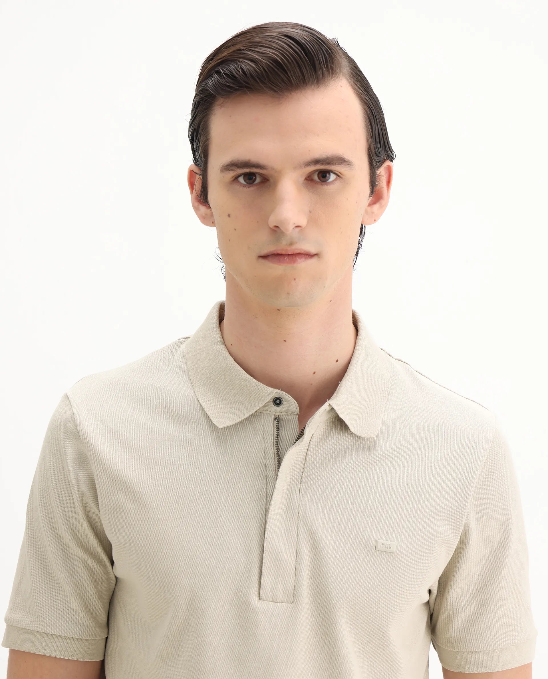 Rare Rabbit Men's Salis-25 Beige Cotton Plain Regular Fit Half Sleeve Polo