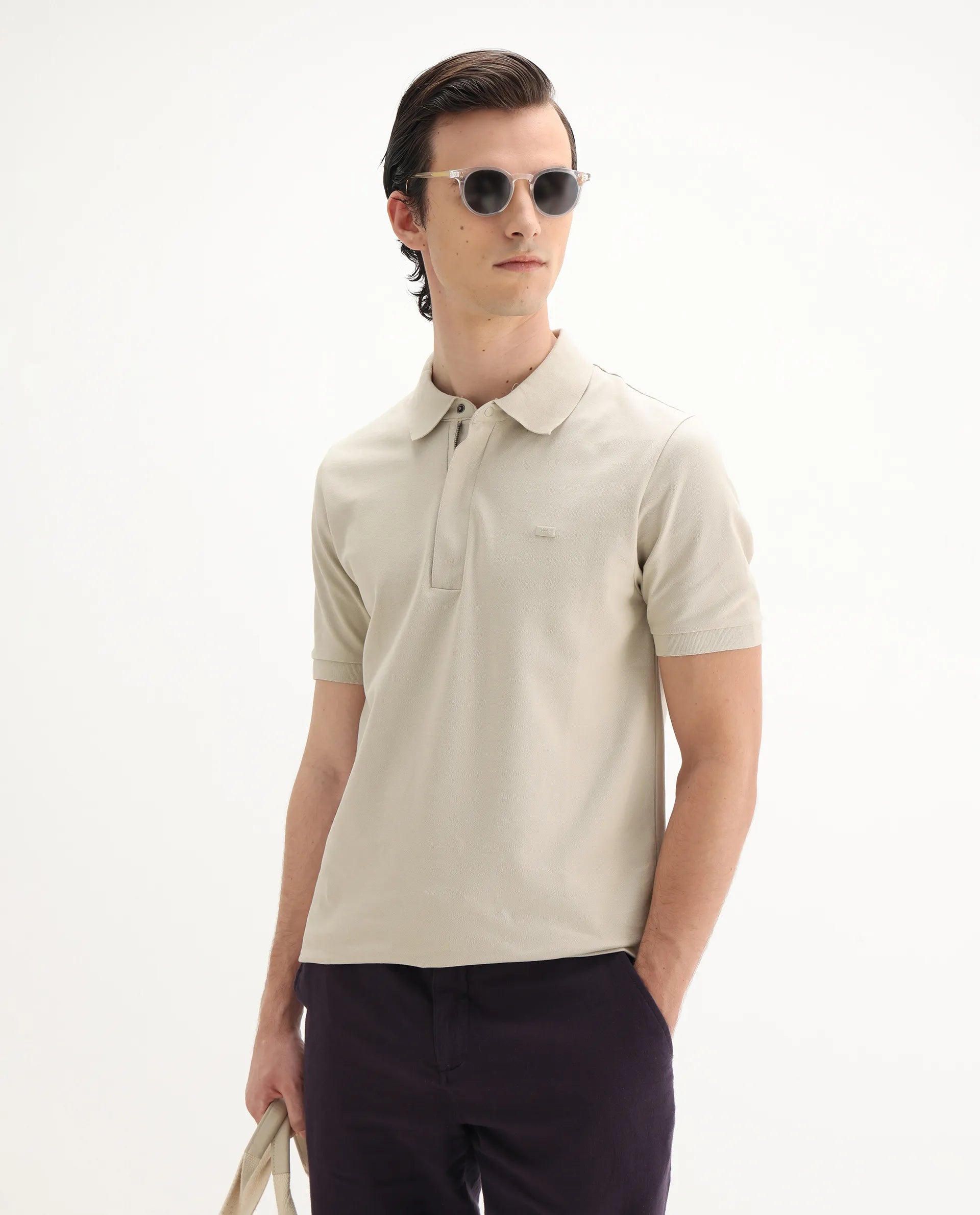 Rare Rabbit Men's Salis-25 Beige Cotton Plain Regular Fit Half Sleeve Polo