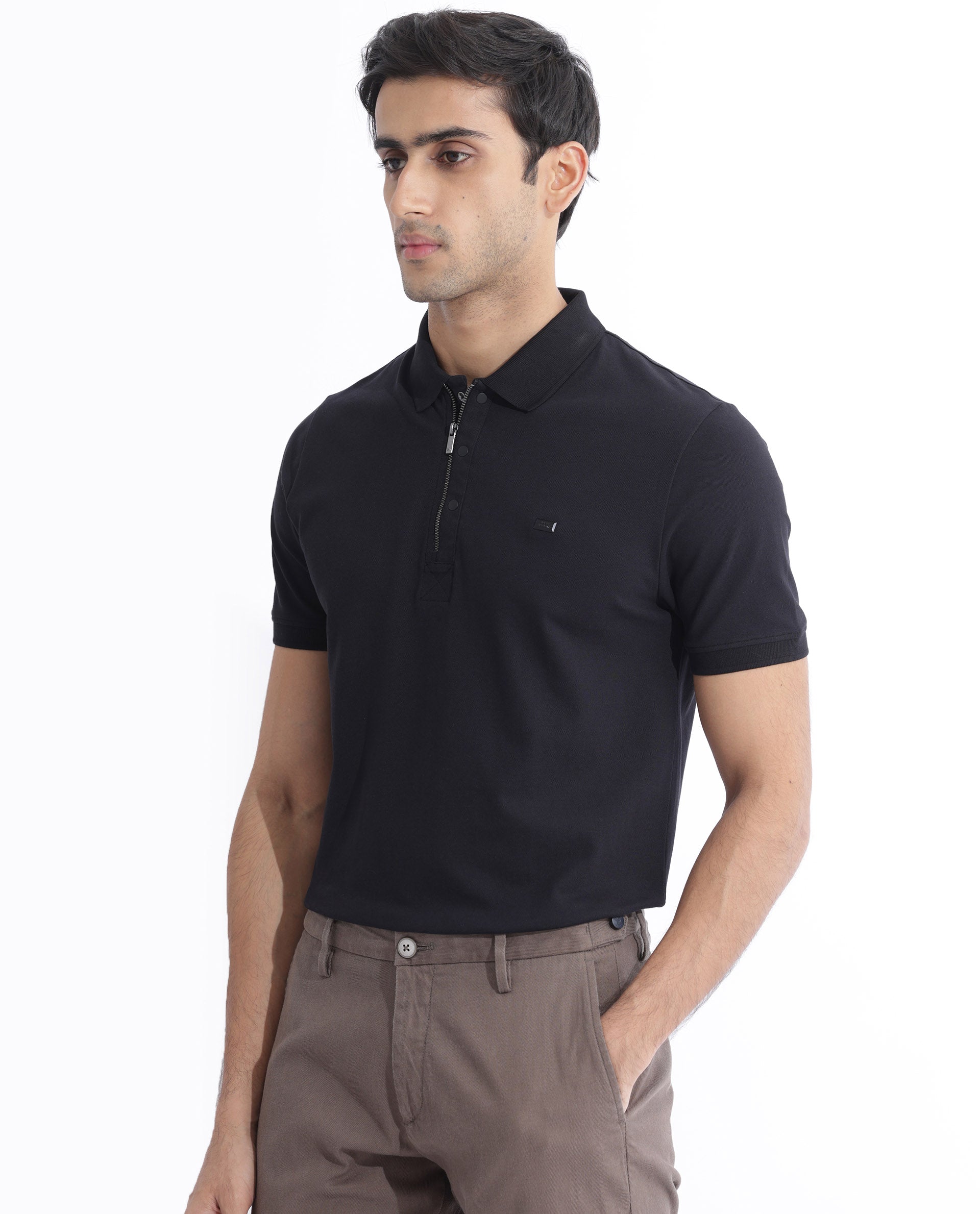 Rare Rabbit Men Salis-2 Black Cotton Fabric Collared Neck Zipper And Snap Button Closure Half Sleeves Polo T-Shirt