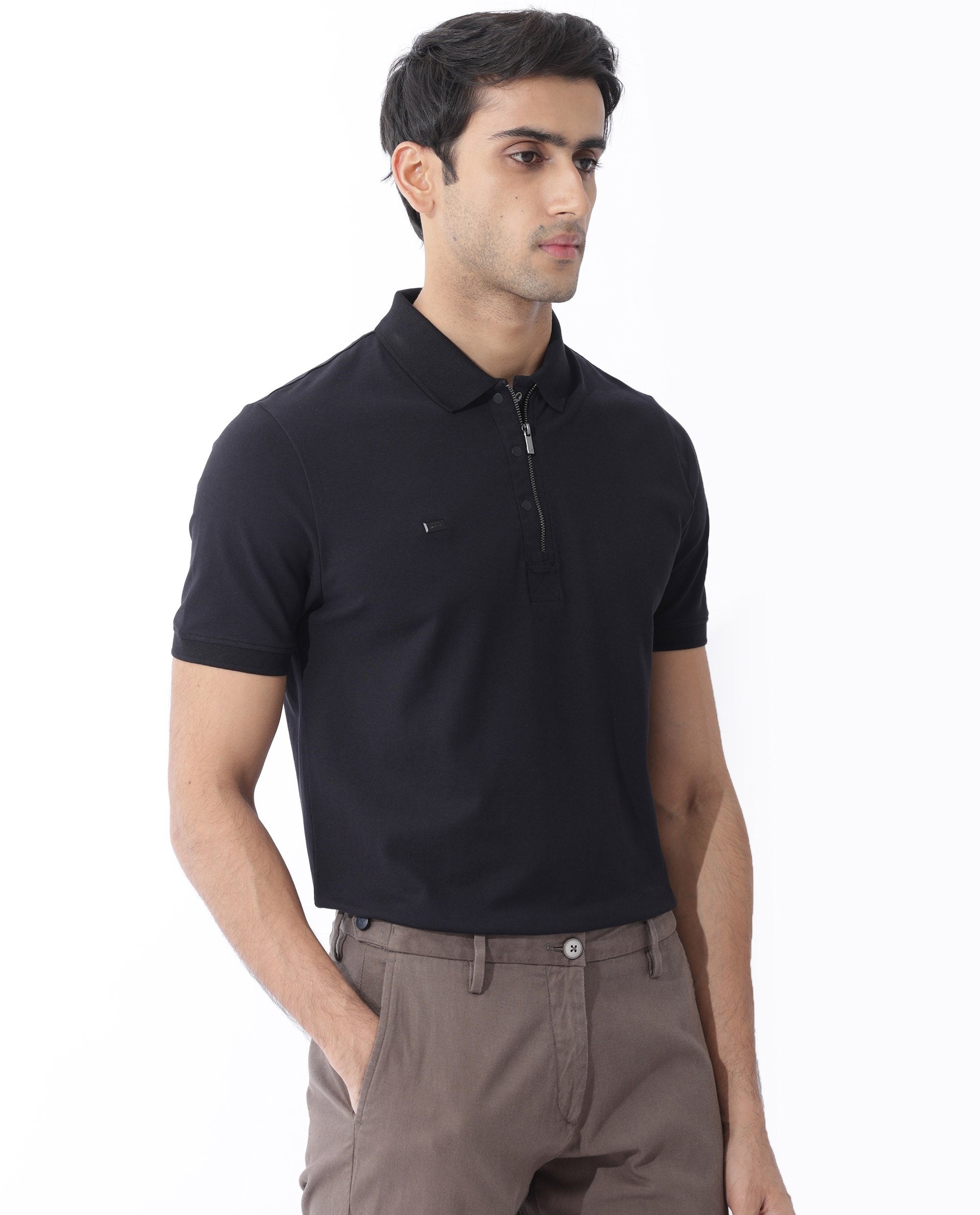 Rare Rabbit Men Salis-2 Black Cotton Fabric Collared Neck Zipper And Snap Button Closure Half Sleeves Polo T-Shirt