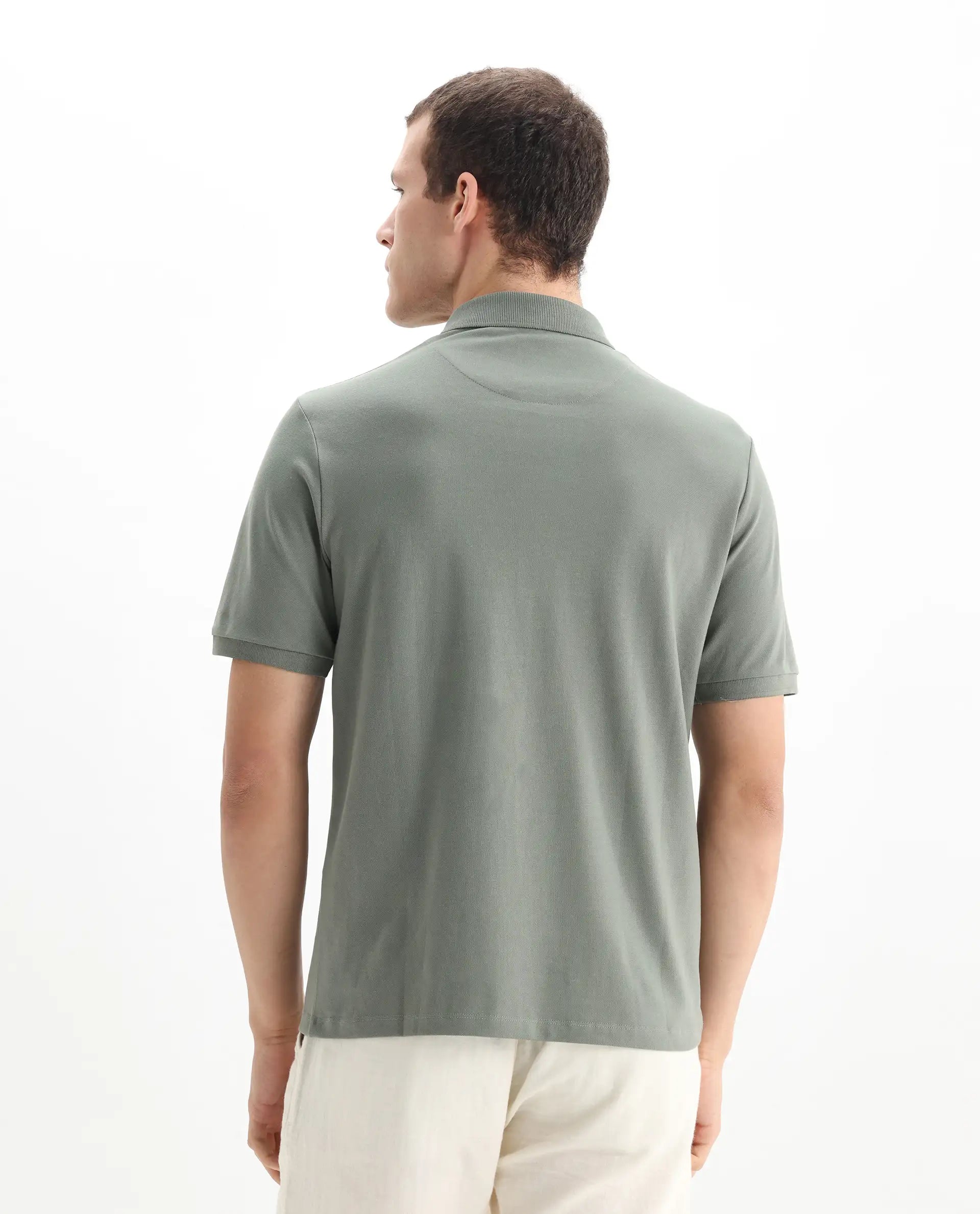 Rare Rabbit Men's Salis-2 Dusky Green Cotton Plain Regular Fit Half Sleeve Polo