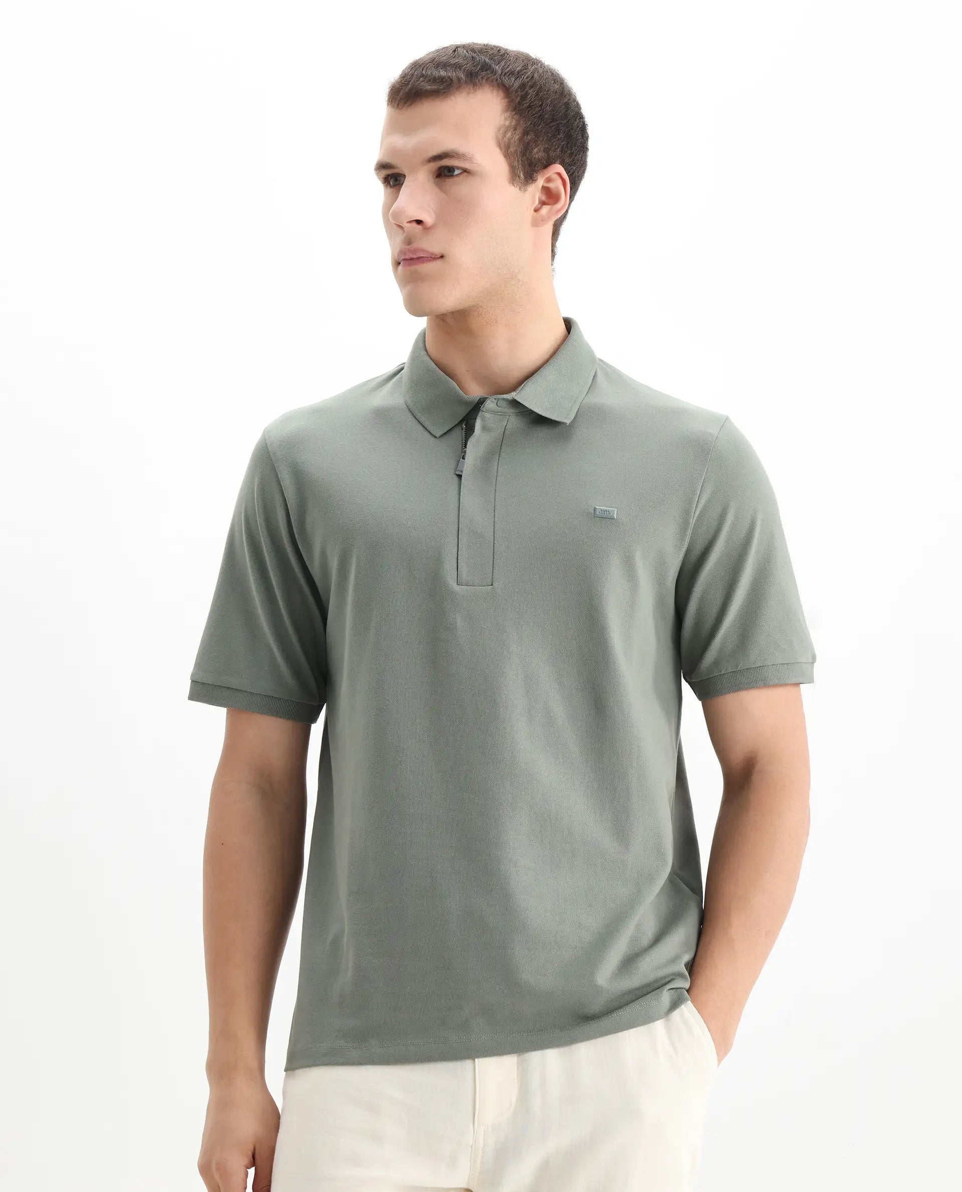 Rare Rabbit Men's Salis-2 Dusky Green Cotton Plain Regular Fit Half Sleeve Polo