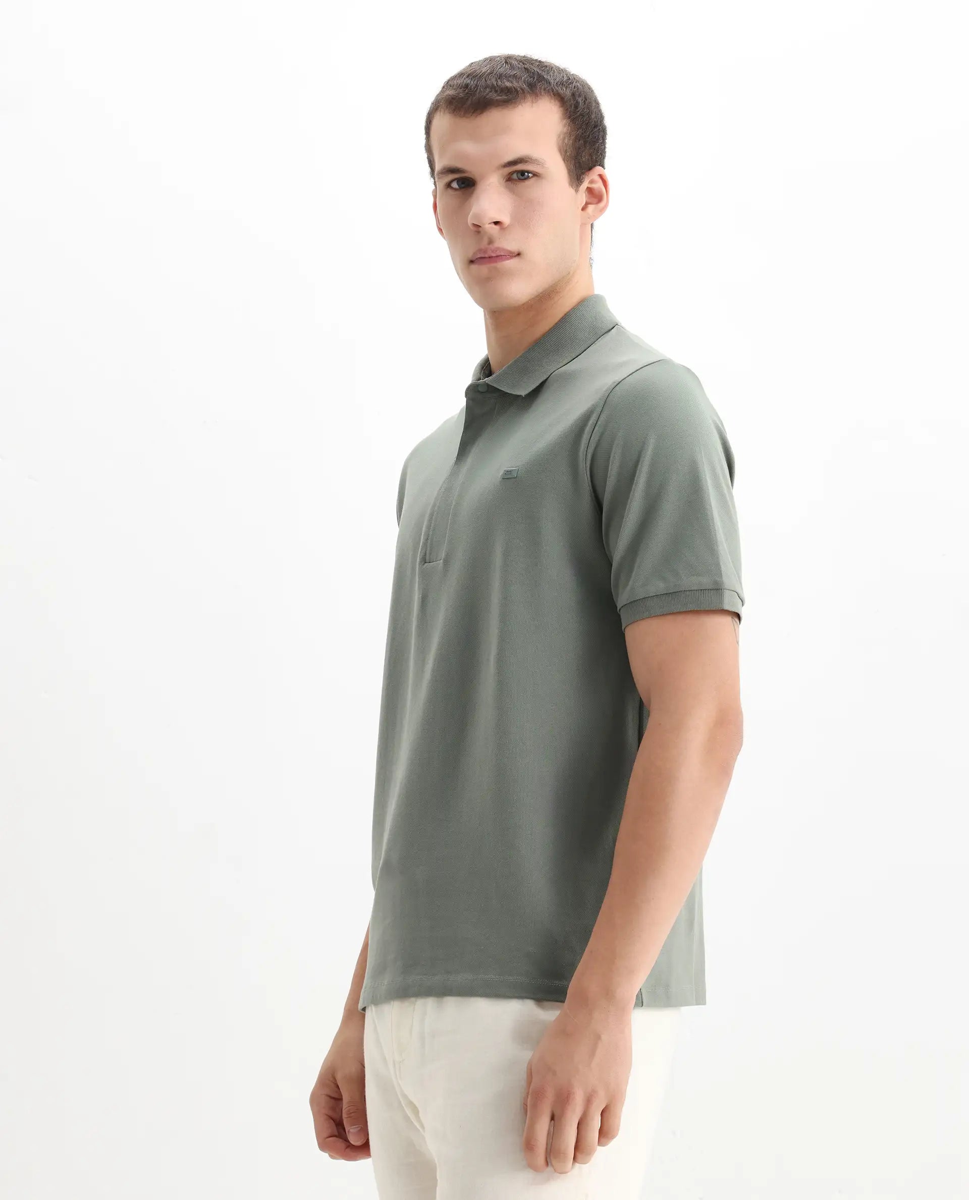 Rare Rabbit Men's Salis-2 Dusky Green Cotton Plain Regular Fit Half Sleeve Polo