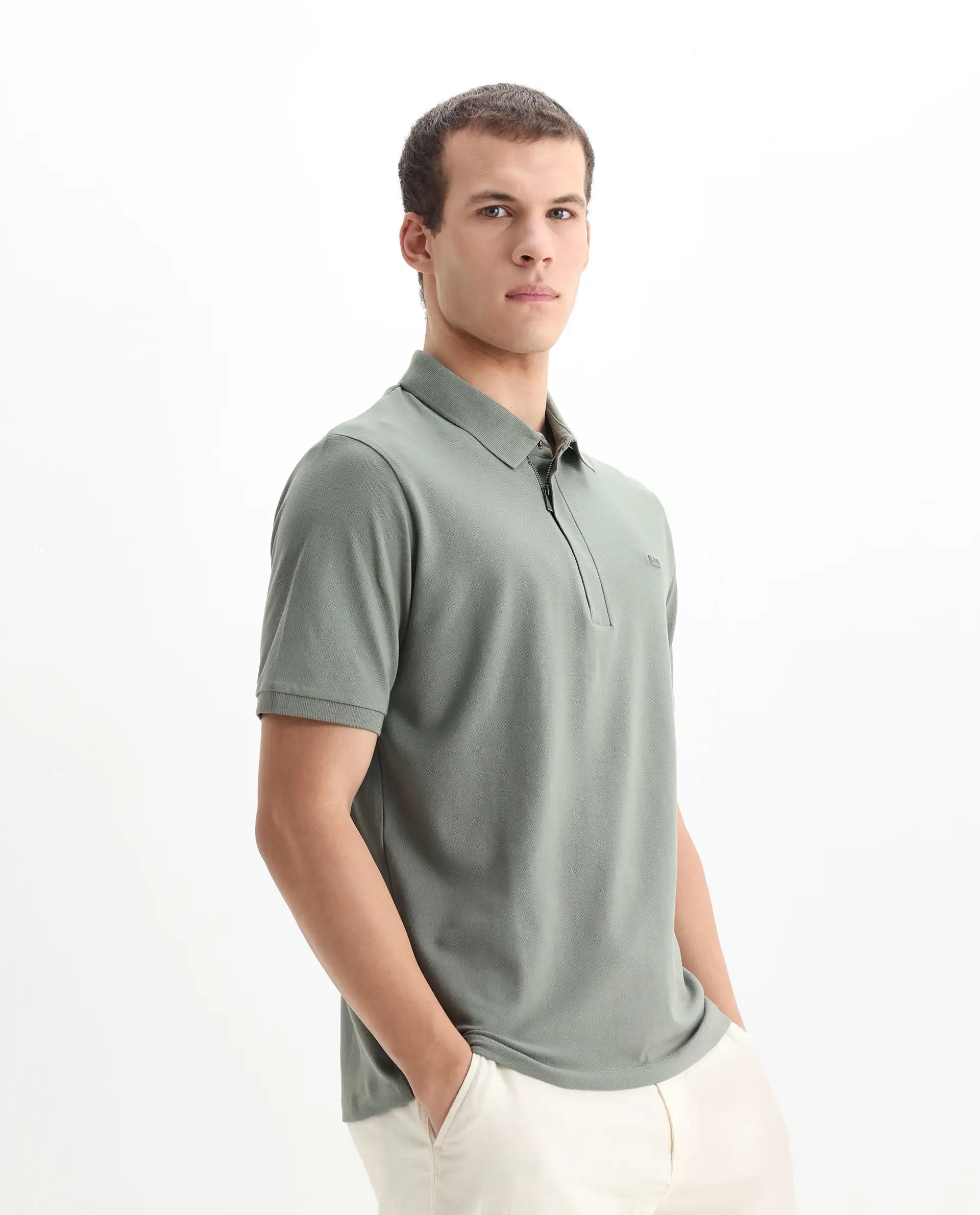 Rare Rabbit Men's Salis-2 Dusky Green Cotton Plain Regular Fit Half Sleeve Polo