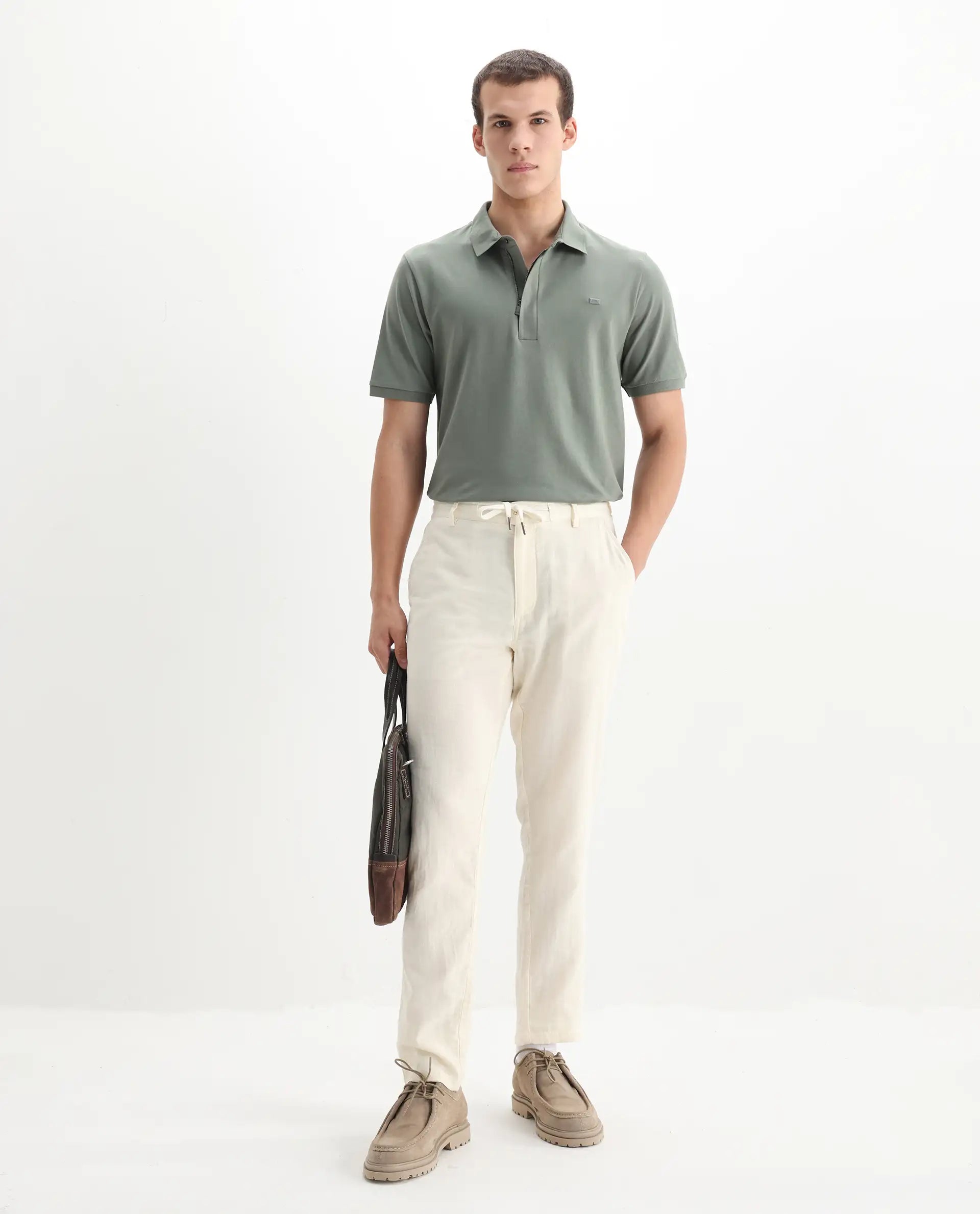 Rare Rabbit Men's Salis-2 Dusky Green Cotton Plain Regular Fit Half Sleeve Polo