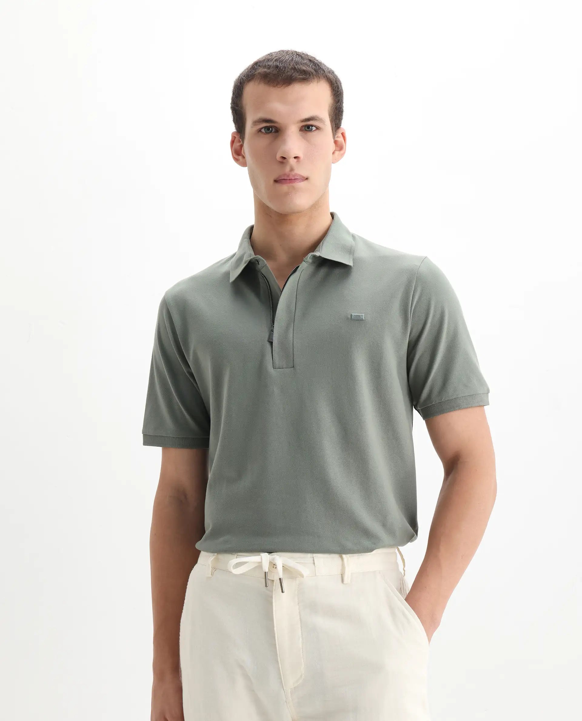 Rare Rabbit Men's Salis-2 Dusky Green Cotton Plain Regular Fit Half Sleeve Polo