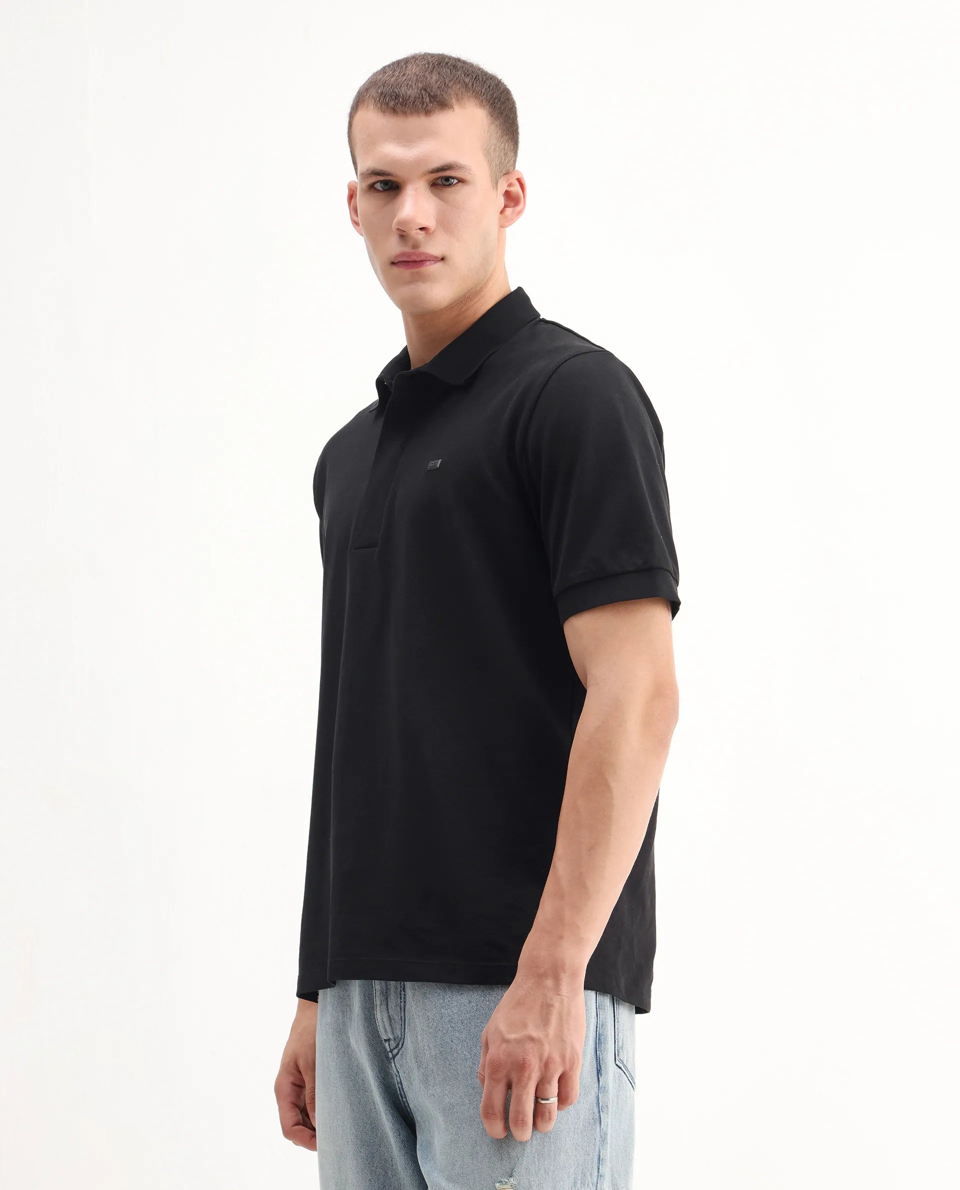 Rare Rabbit Men's Salis-A25 Black Cotton Blend Plain Regular Fit Half Sleeve Polo