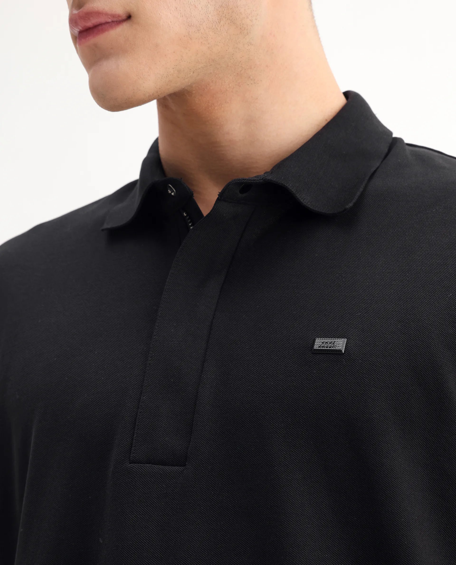 Rare Rabbit Men's Salis-A25 Black Cotton Blend Plain Regular Fit Half Sleeve Polo