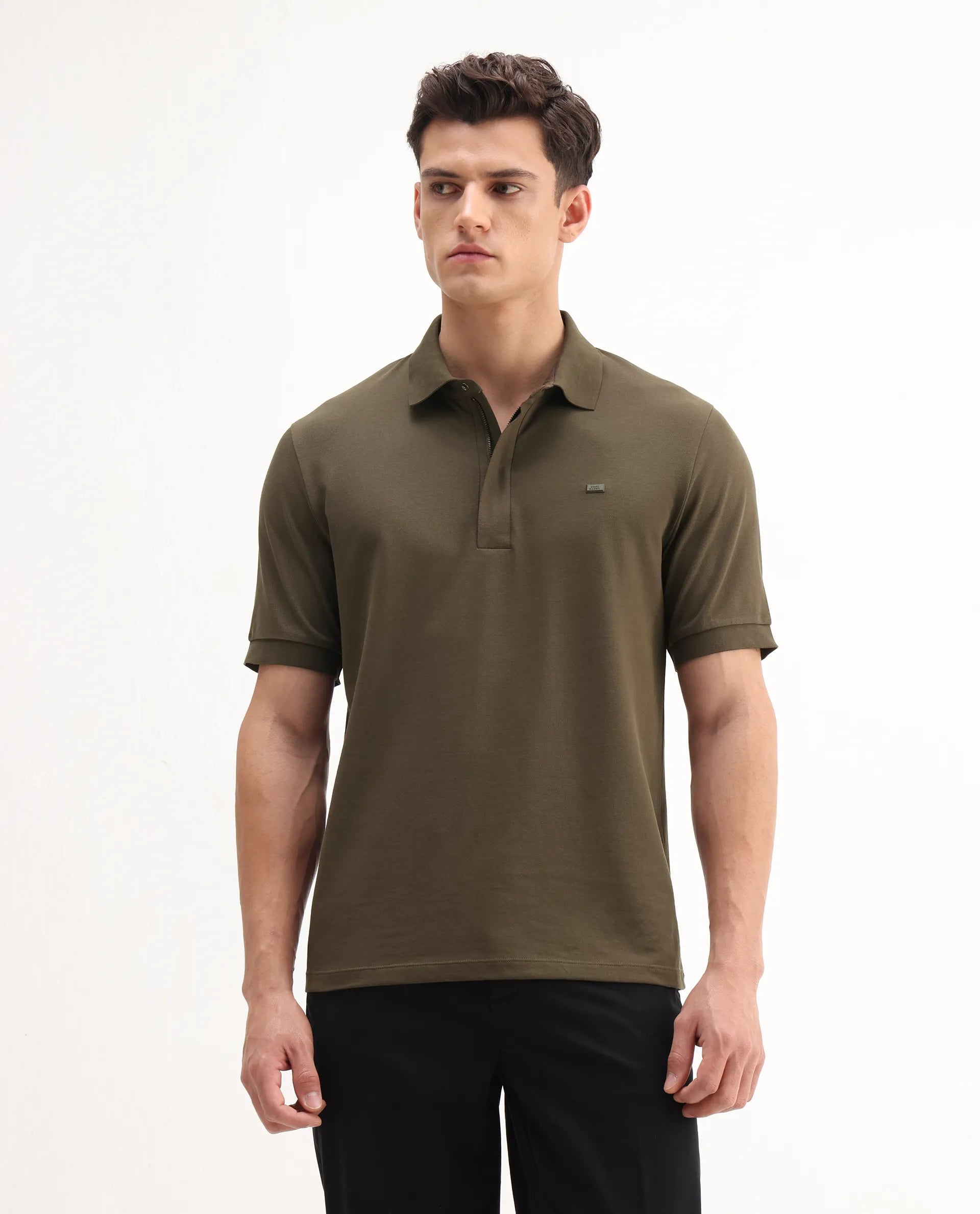 Rare Rabbit Men's Salis-A25 Dark Olive Cotton Blend Plain Regular Fit Half Sleeve Polo