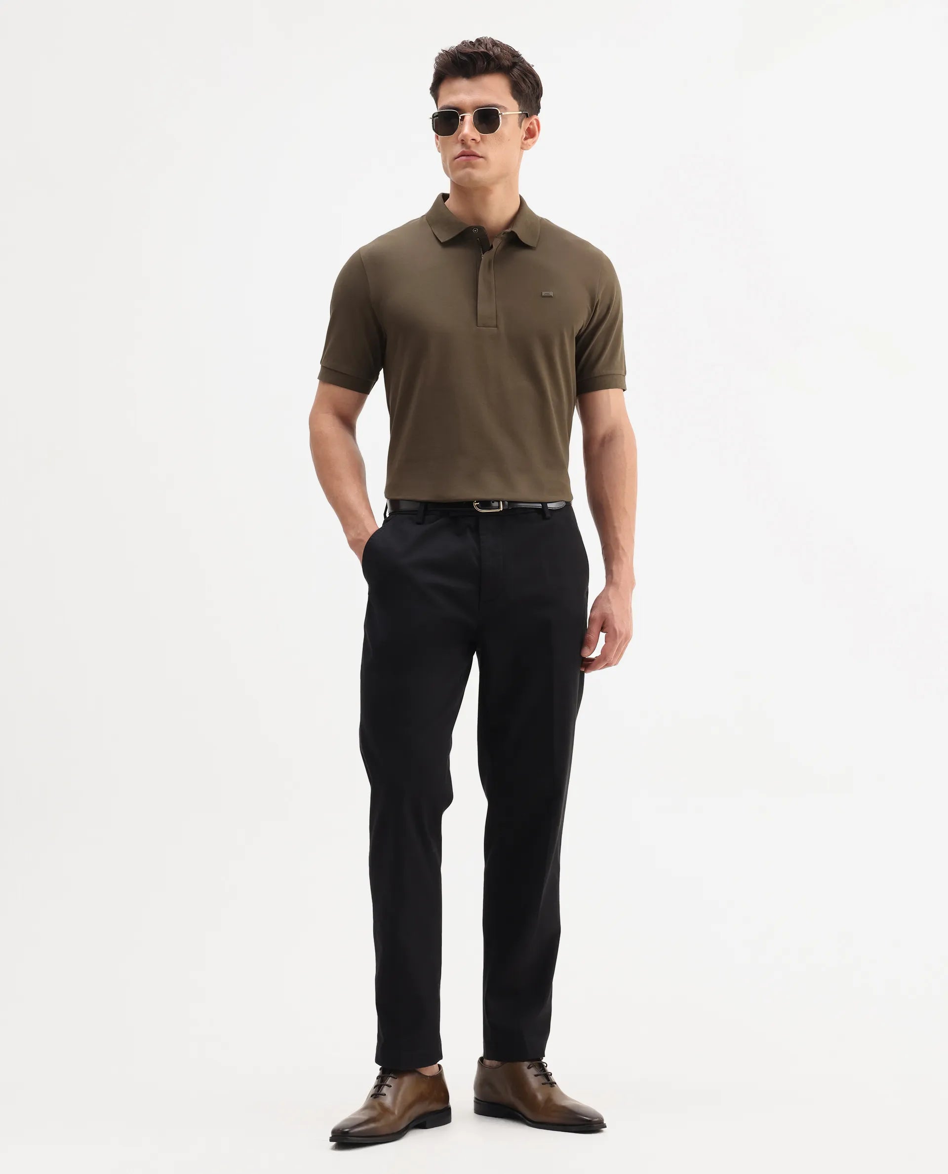 Rare Rabbit Men's Salis-A25 Dark Olive Cotton Blend Plain Regular Fit Half Sleeve Polo