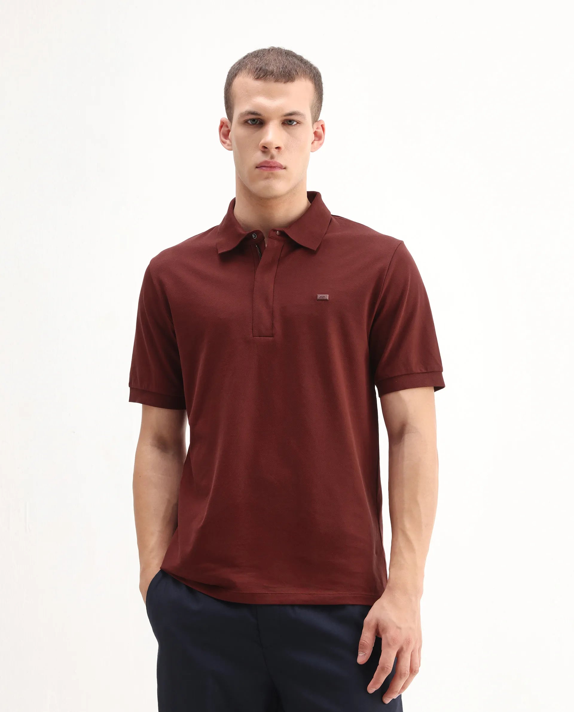Rare Rabbit Men's Salis-A25 Dark Rust Cotton Blend Fabric Half Sleeve Spread Collar Plain Polo