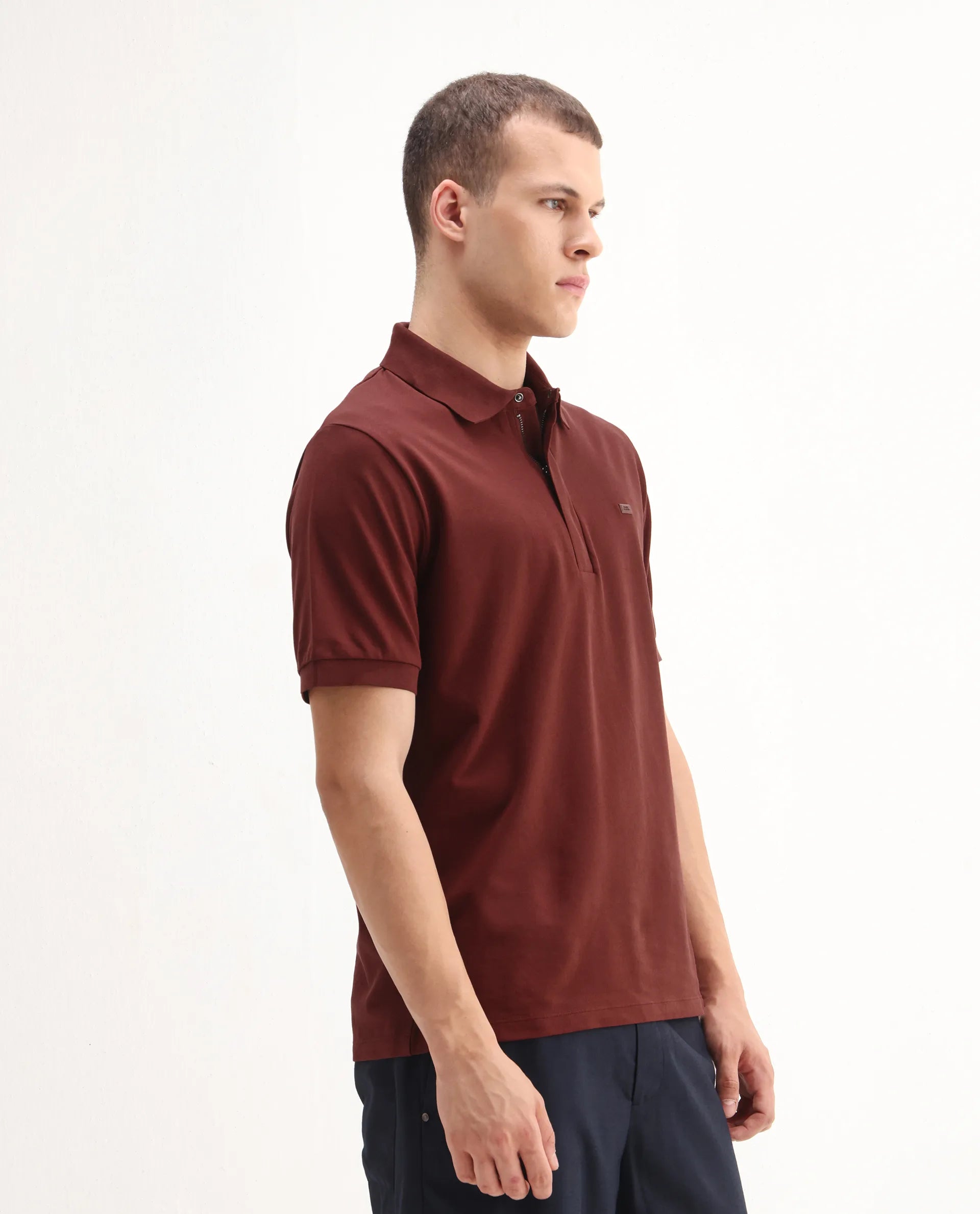 Rare Rabbit Men's Salis-A25 Dark Rust Cotton Blend Fabric Half Sleeve Spread Collar Plain Polo