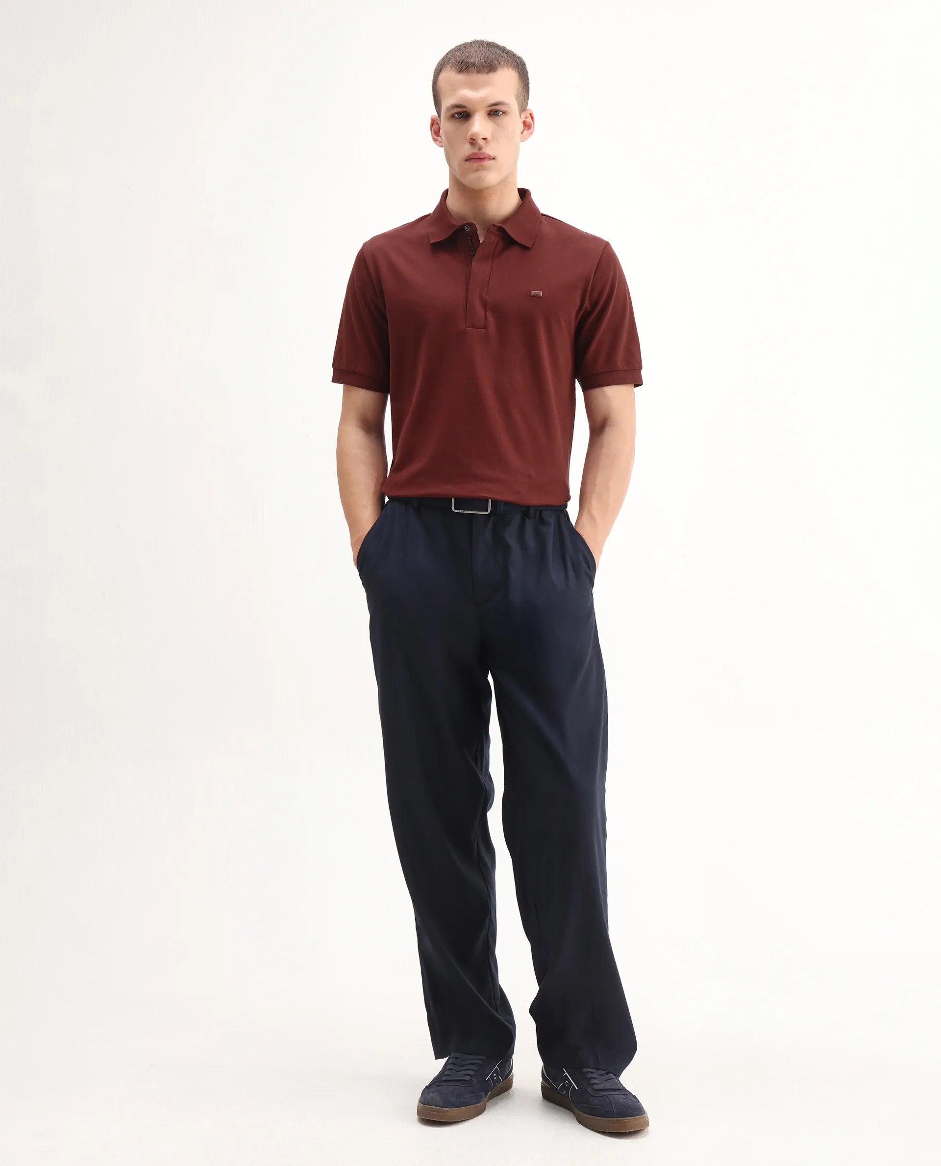 Rare Rabbit Men's Salis-A25 Dark Rust Cotton Blend Fabric Half Sleeve Spread Collar Plain Polo