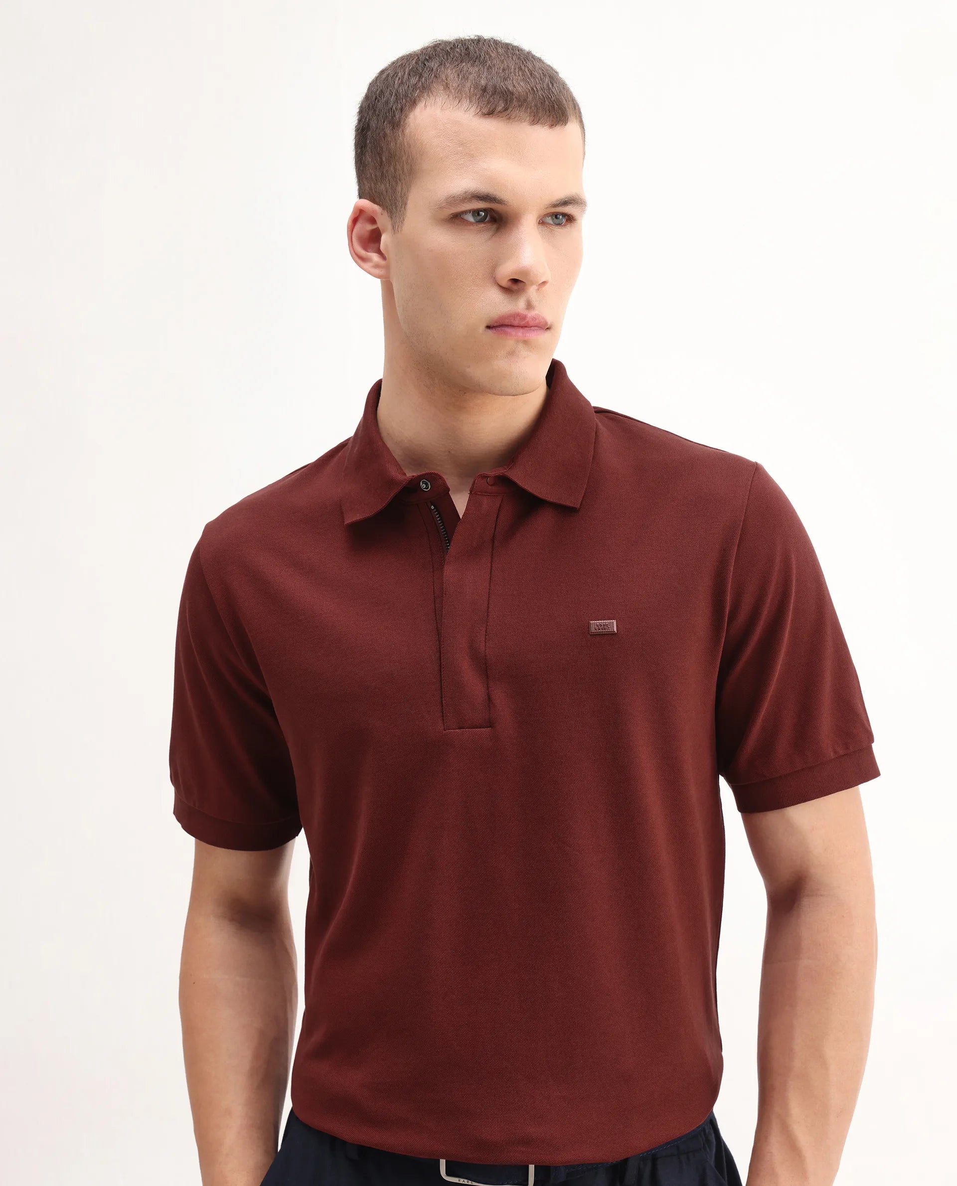 Rare Rabbit Men's Salis-A25 Dark Rust Cotton Blend Fabric Half Sleeve Spread Collar Plain Polo