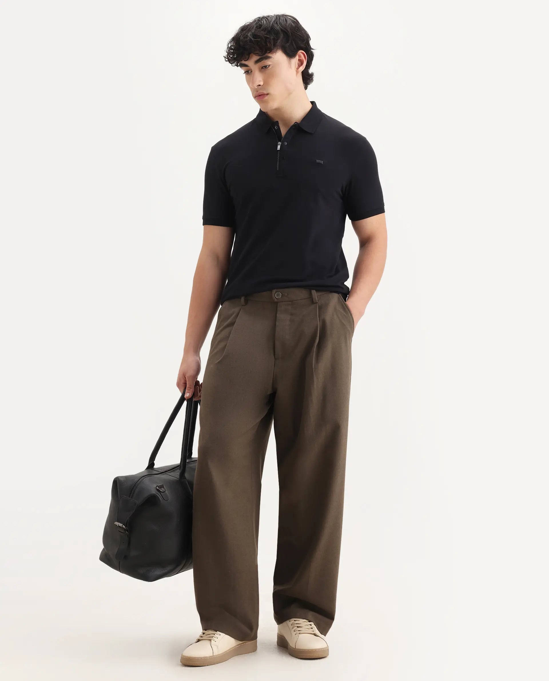 Rare Rabbit Men's Saliso Black Cotton Plain Regular Fit Half Sleeve Polo