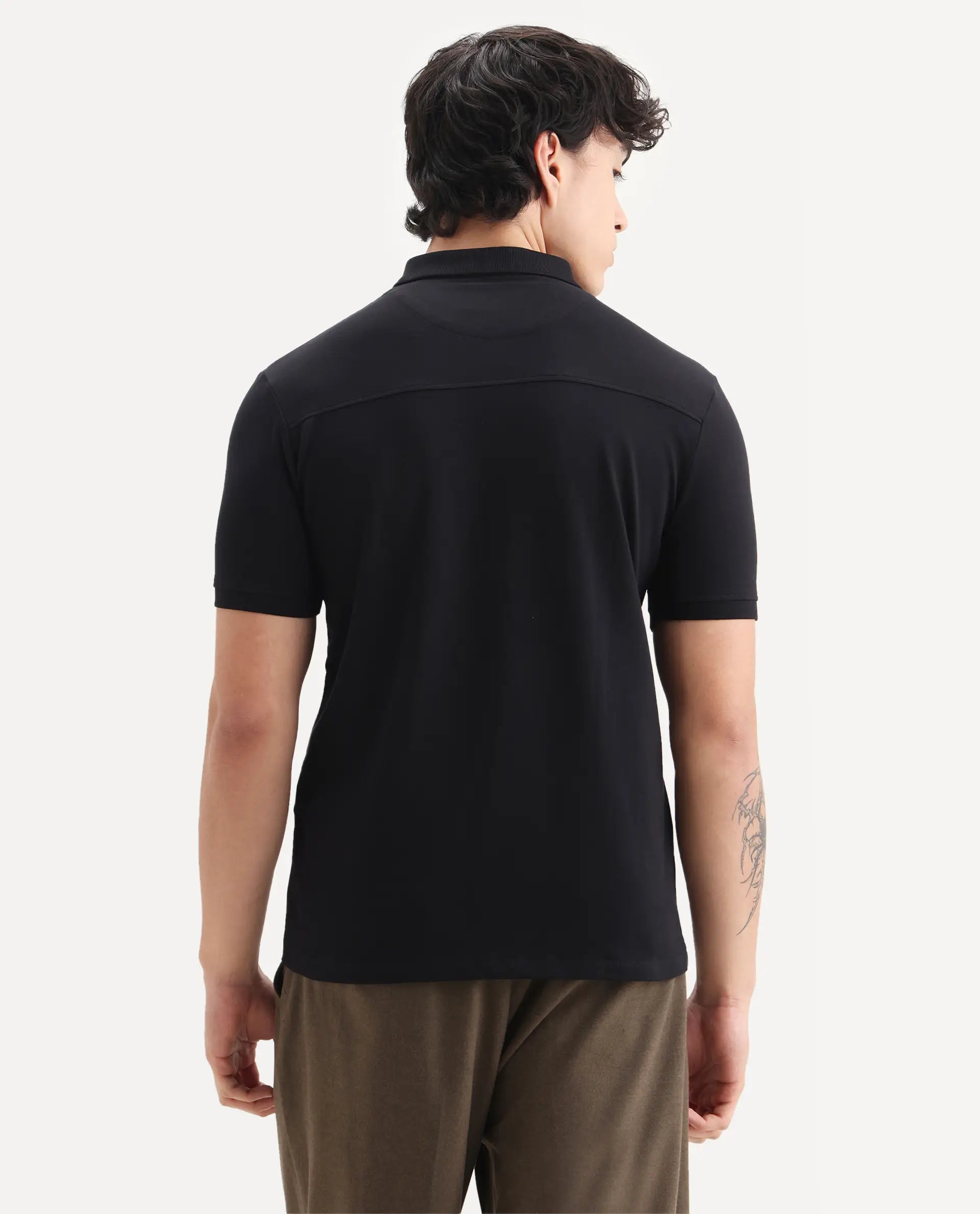 Rare Rabbit Men's Saliso Black Cotton Plain Regular Fit Half Sleeve Polo