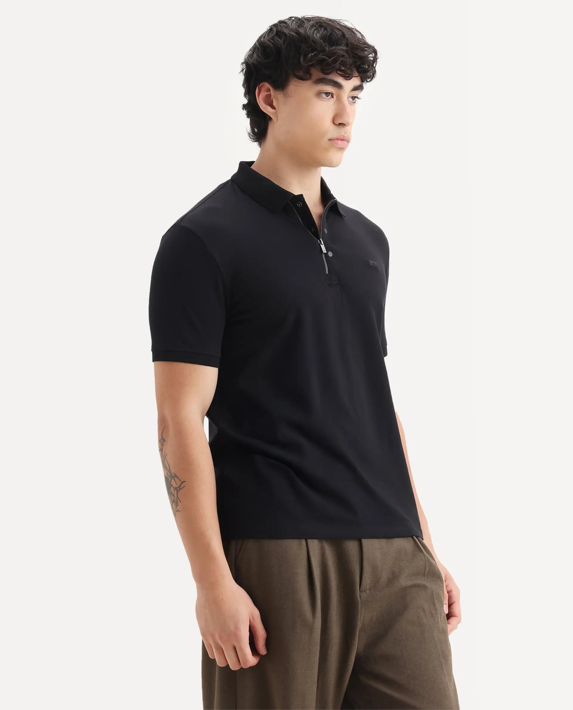 Rare Rabbit Men's Saliso Black Cotton Plain Regular Fit Half Sleeve Polo