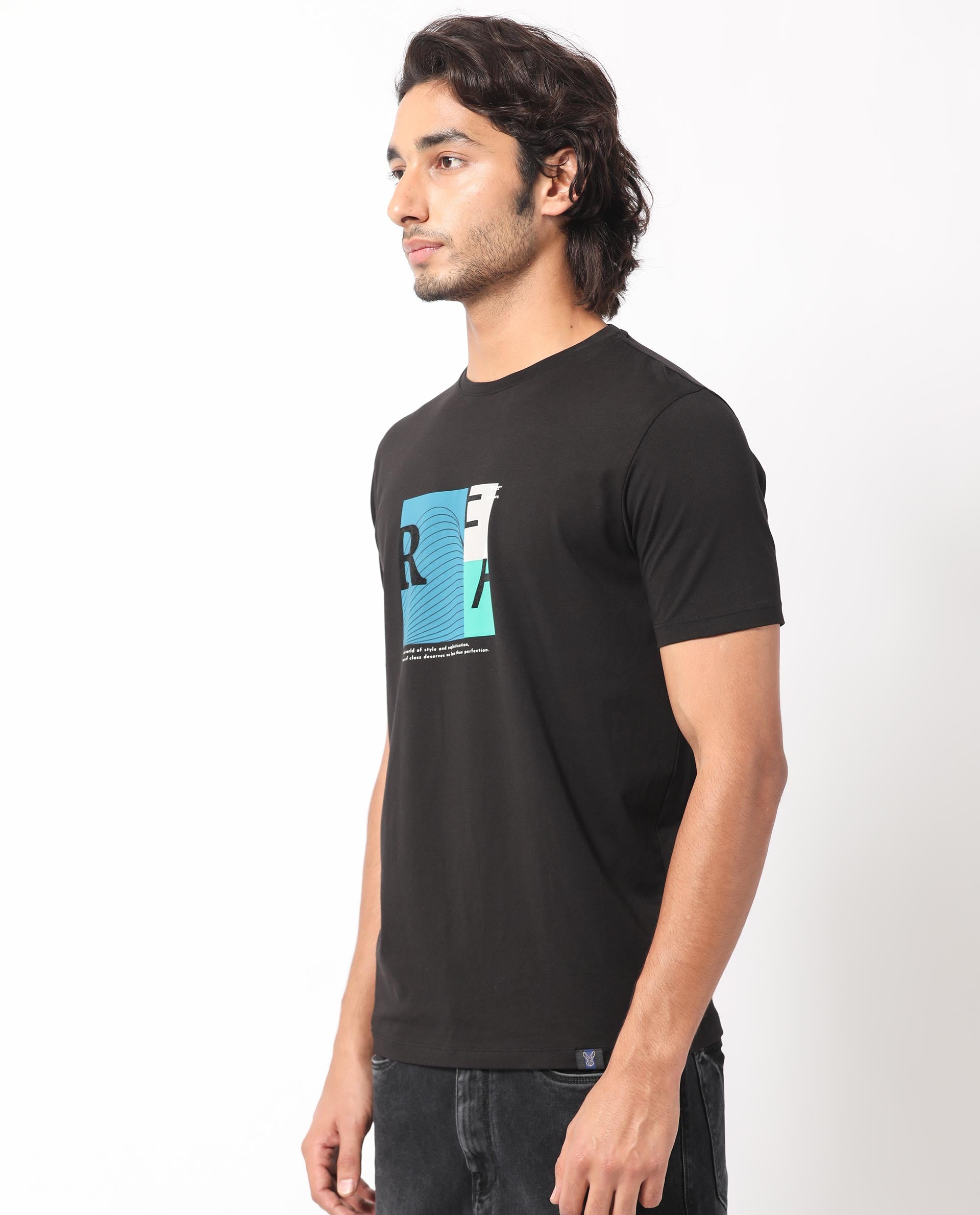 Rare Rabbit Men's Salta Black Crew Neck Half Sleeves Regular Fit Flock Branding Graphic Print T-Shirt
