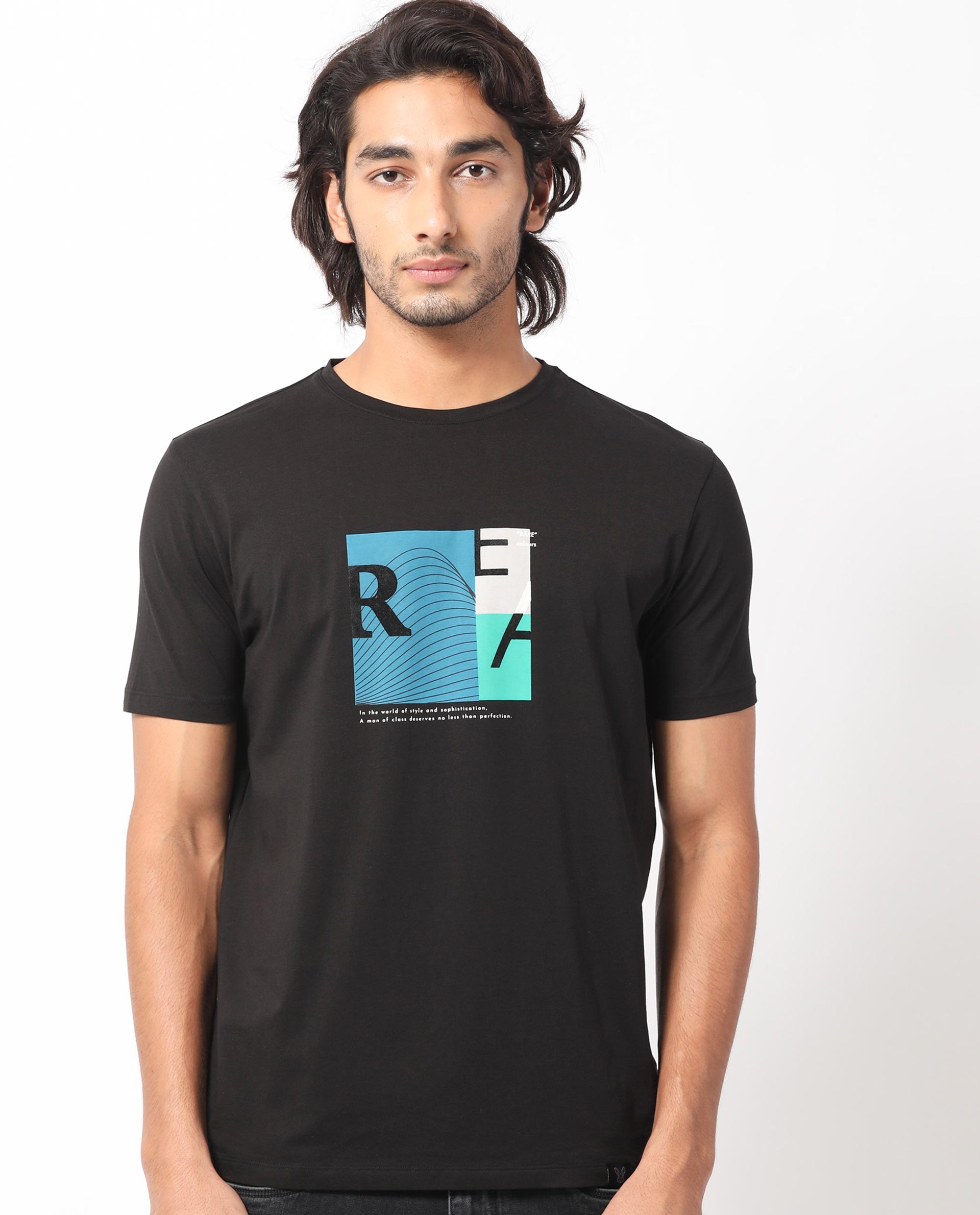 Rare Rabbit Men's Salta Black Crew Neck Half Sleeves Regular Fit Flock Branding Graphic Print T-Shirt