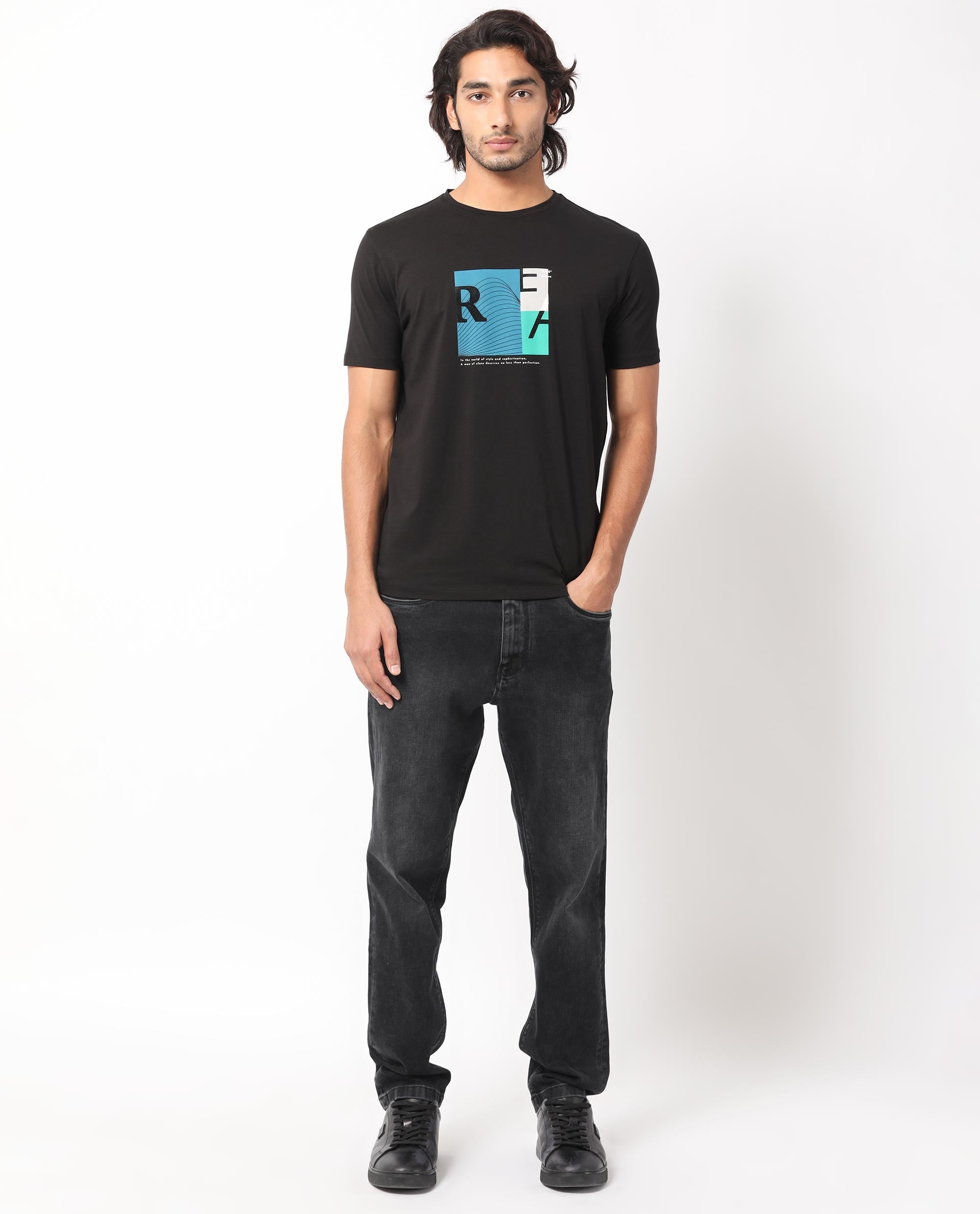 Rare Rabbit Men's Salta Black Crew Neck Half Sleeves Regular Fit Flock Branding Graphic Print T-Shirt