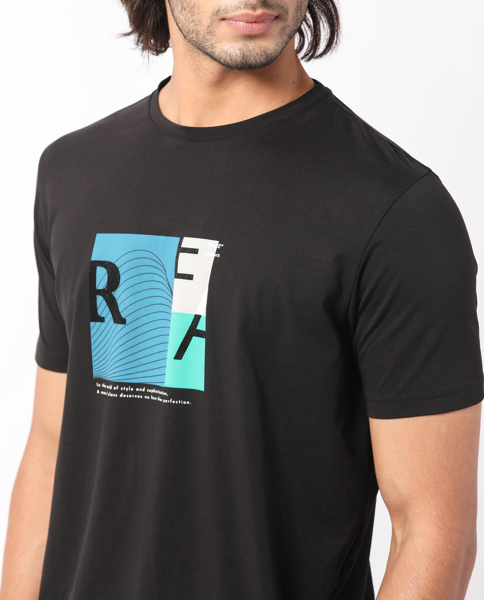 Rare Rabbit Men's Salta Black Crew Neck Half Sleeves Regular Fit Flock Branding Graphic Print T-Shirt