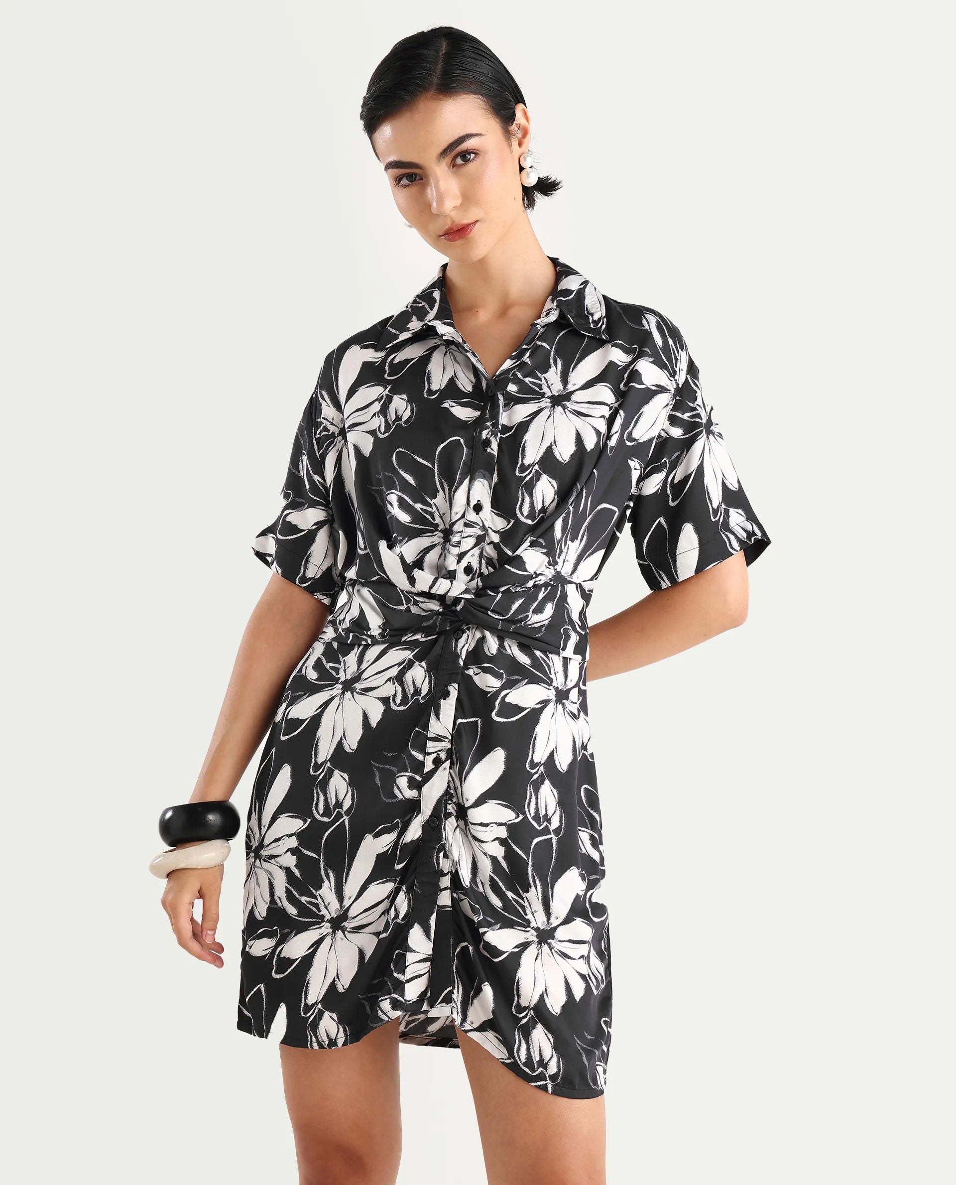 Rareism Women's Saltillo Black Cotton Blend Drop Collar Floral Print Mini Regular Fit Dress