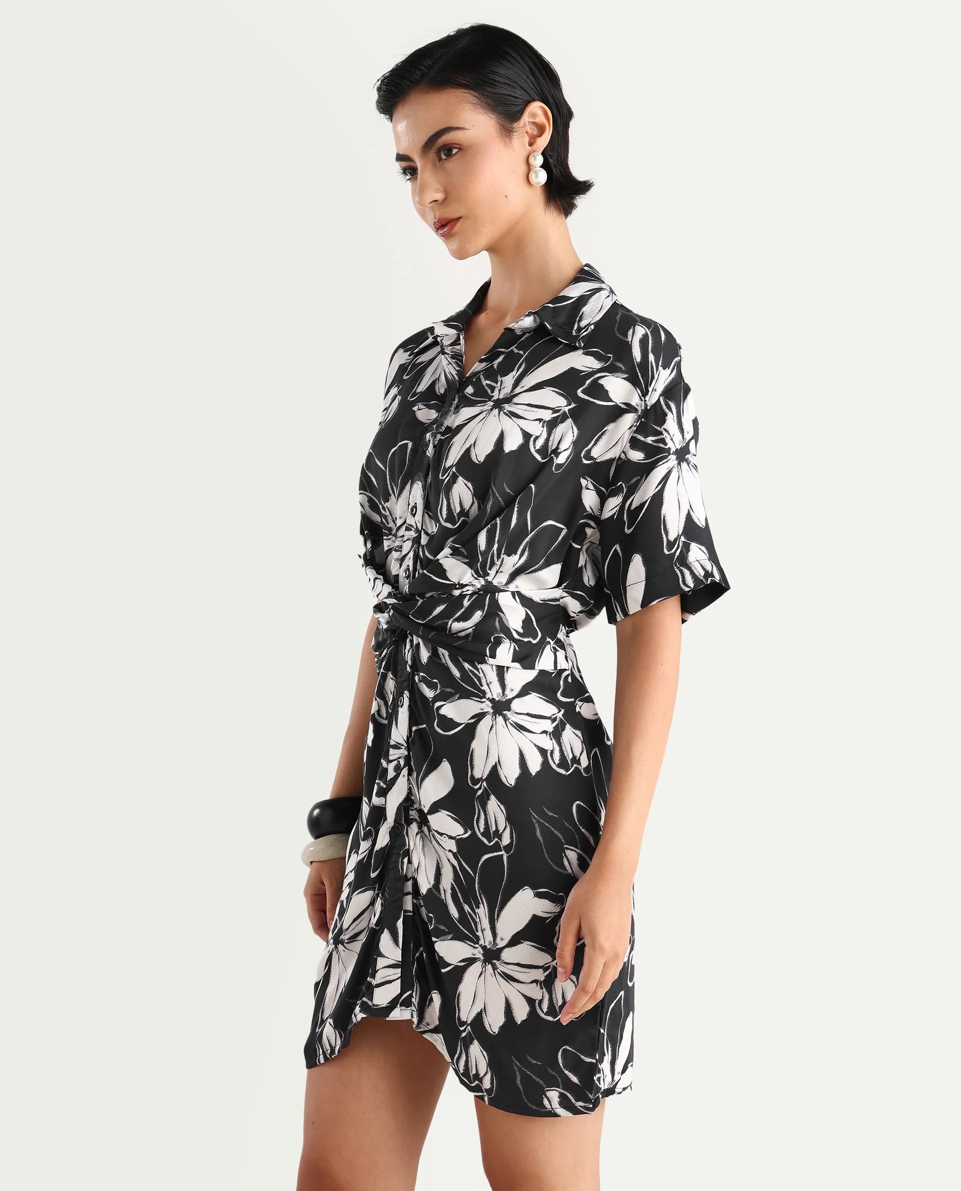 Rareism Women's Saltillo Black Cotton Blend Drop Collar Floral Print Mini Regular Fit Dress