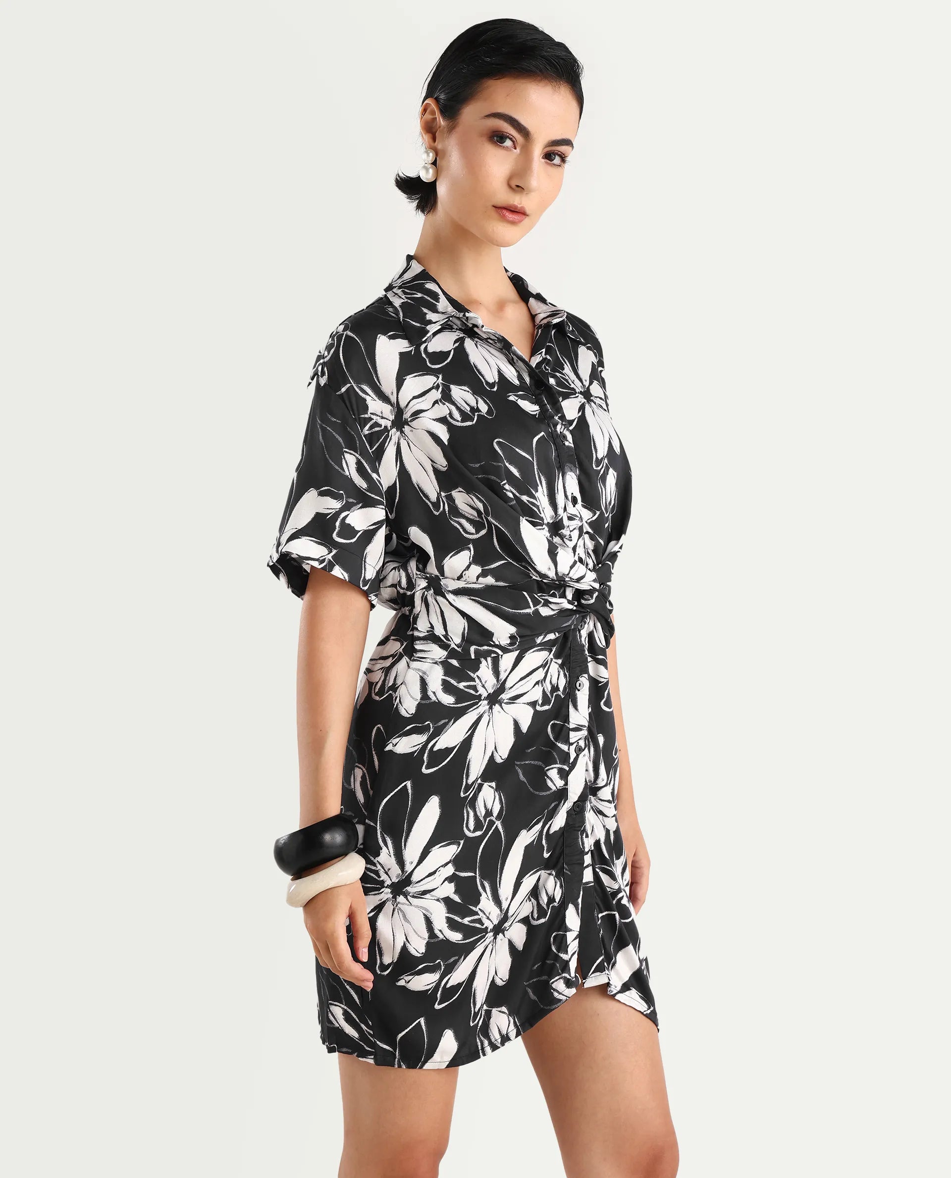 Rareism Women's Saltillo Black Cotton Blend Drop Collar Floral Print Mini Regular Fit Dress