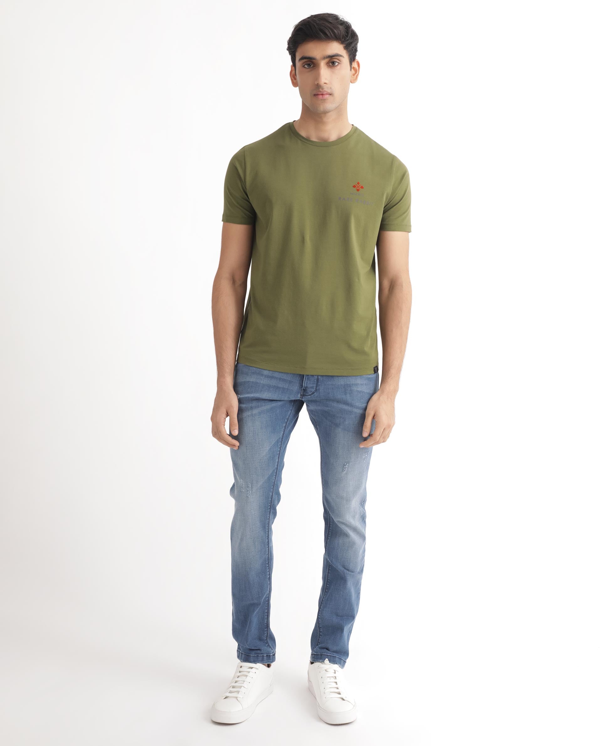 Rare Rabbit Men's Castel Green Crew Neck Graphic Print Branded Half Sleeves T-Shirt