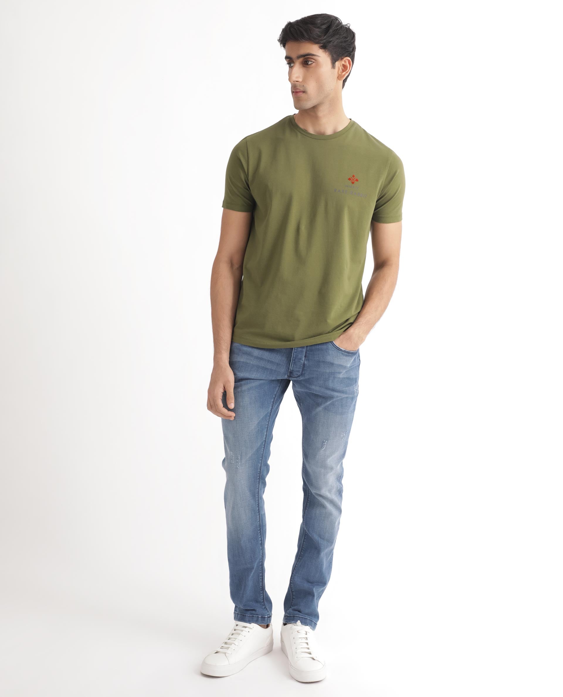 Rare Rabbit Men's Castel Green Crew Neck Graphic Print Branded Half Sleeves T-Shirt