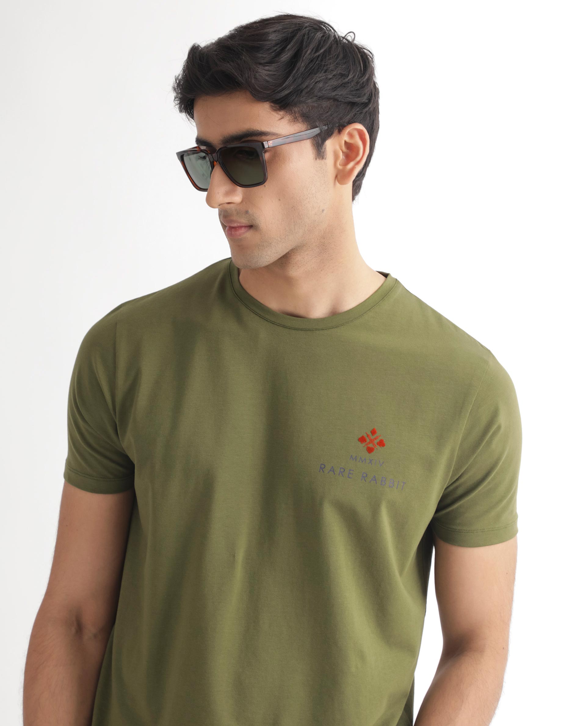 Rare Rabbit Men's Castel Green Crew Neck Graphic Print Branded Half Sleeves T-Shirt