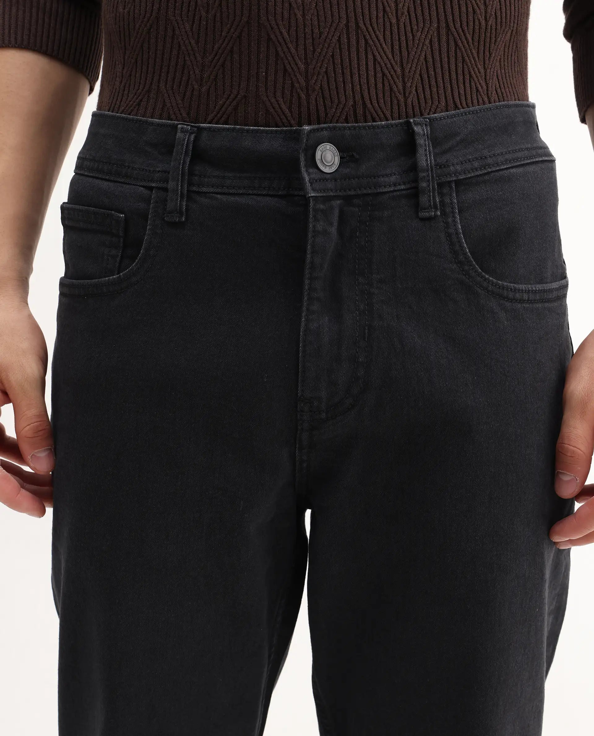 Rare Rabbit Men's Sam-2 Black Cotton Plain Kurt Carrot Fit Jeans