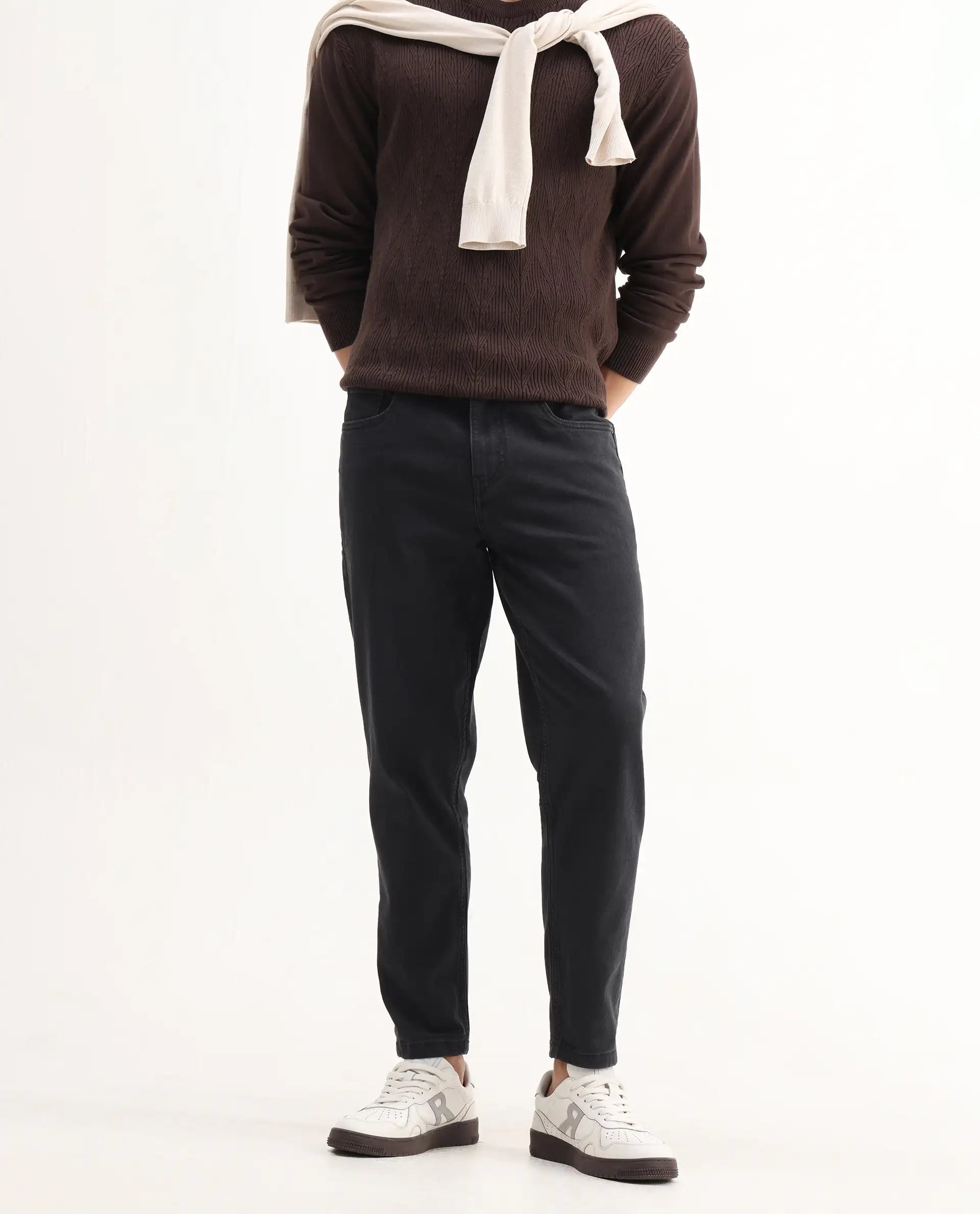 Rare Rabbit Men's Sam-2 Black Cotton Plain Kurt Carrot Fit Jeans