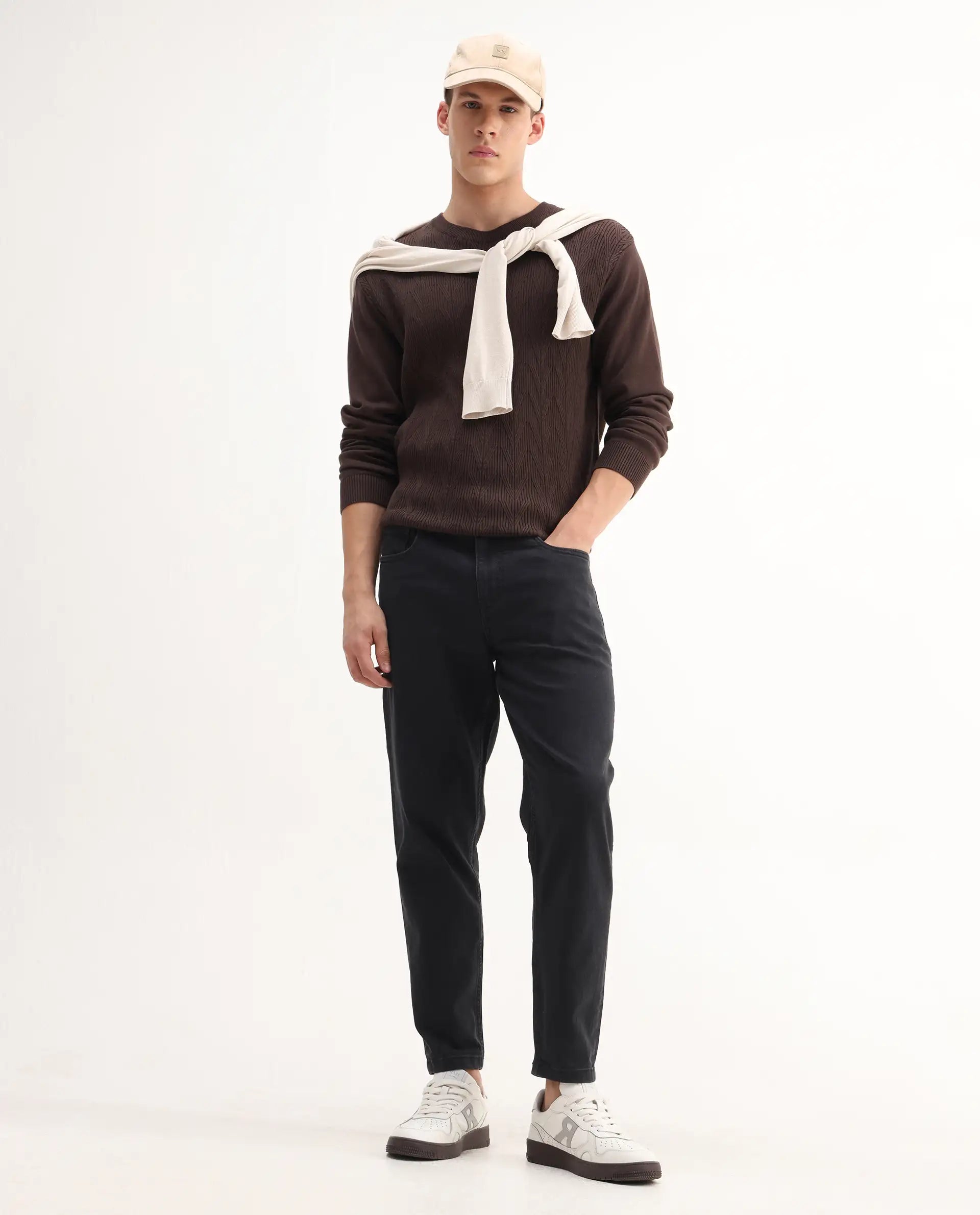 Rare Rabbit Men's Sam-2 Black Cotton Plain Kurt Carrot Fit Jeans