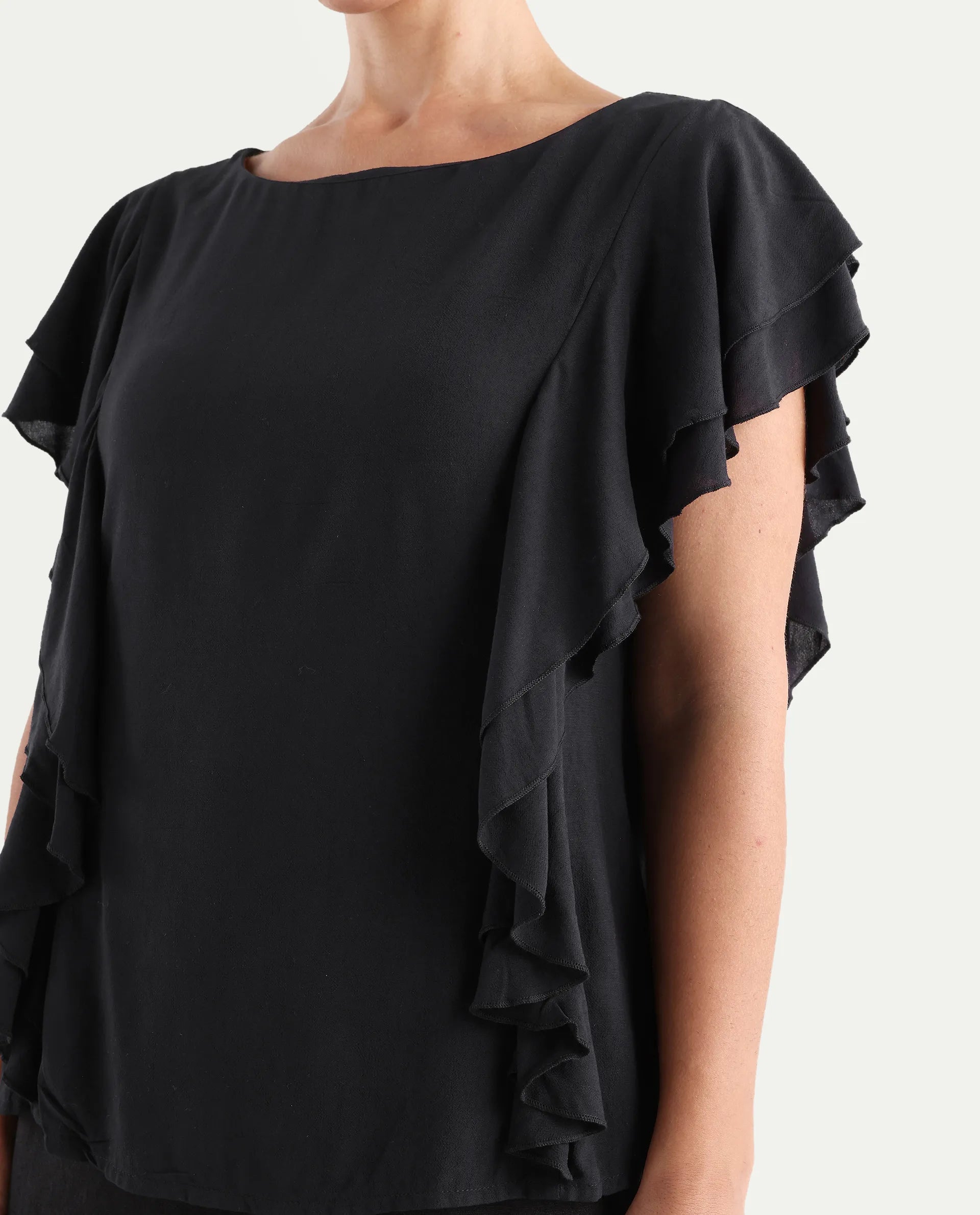 Rareism Women's Samal Black Viscose Blend Boat Neck Plain Ruffled Sleeve Regular Fit Top