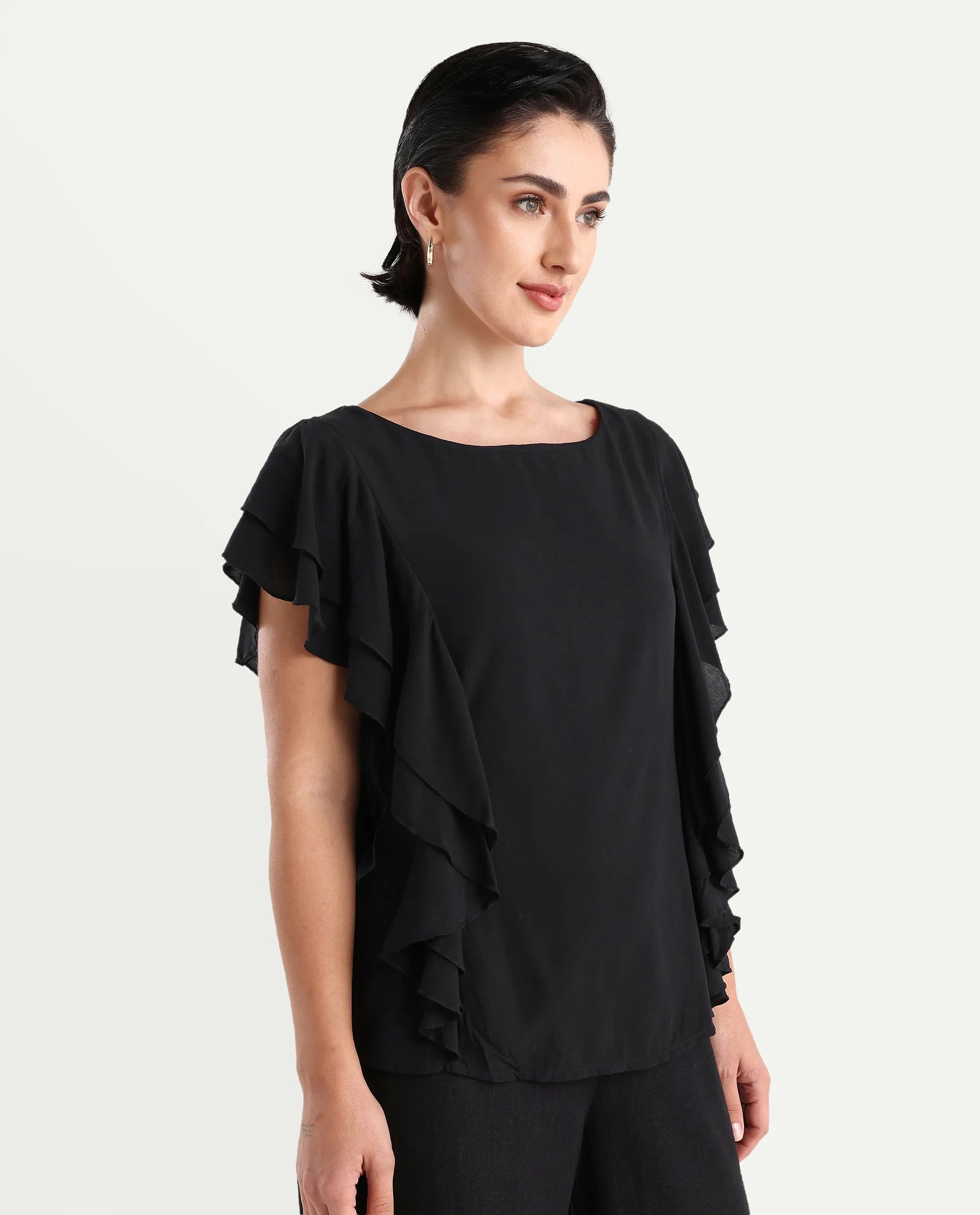 Rareism Women's Samal Black Viscose Blend Boat Neck Plain Ruffled Sleeve Regular Fit Top