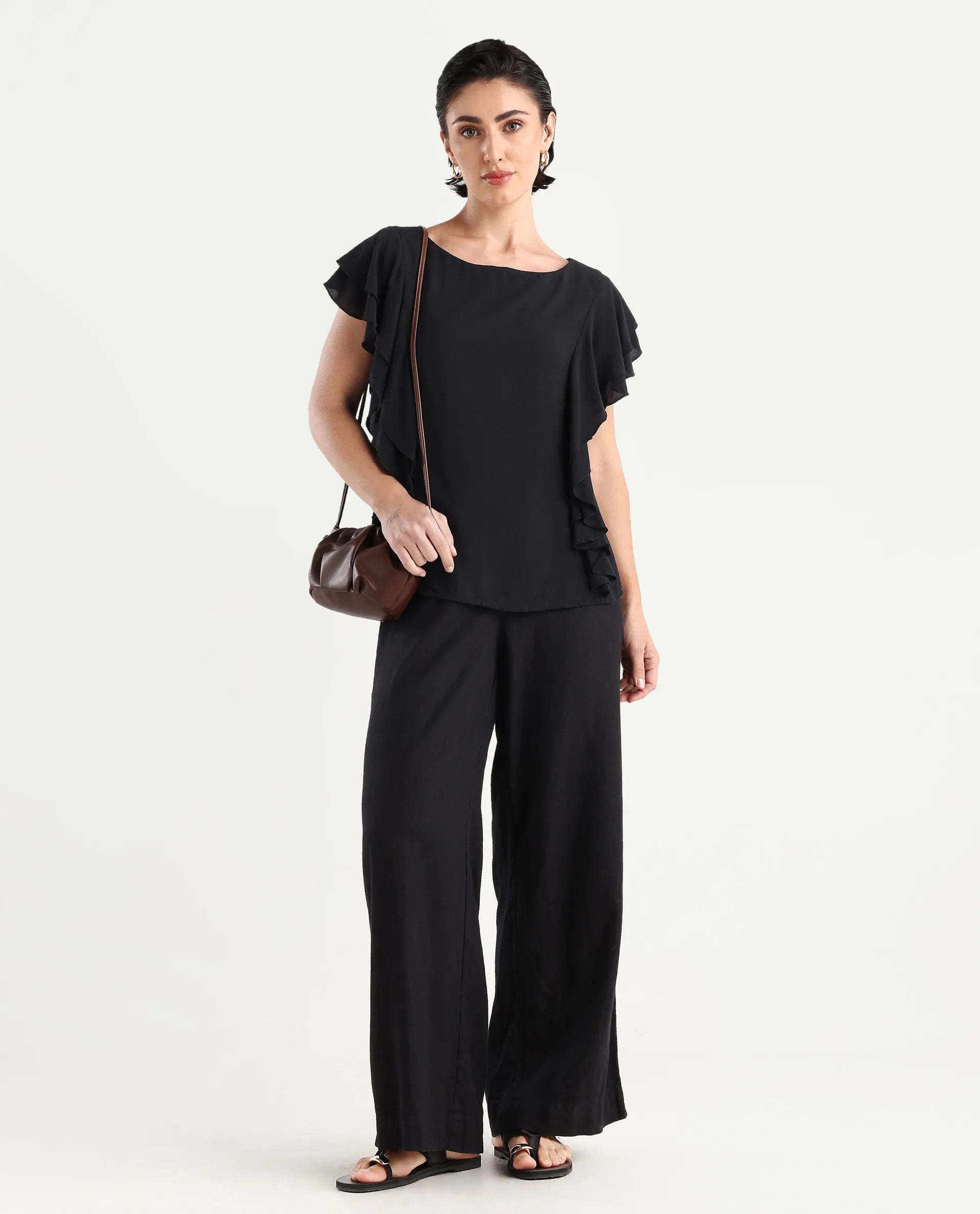 Rareism Women's Samal Black Viscose Blend Boat Neck Plain Ruffled Sleeve Regular Fit Top