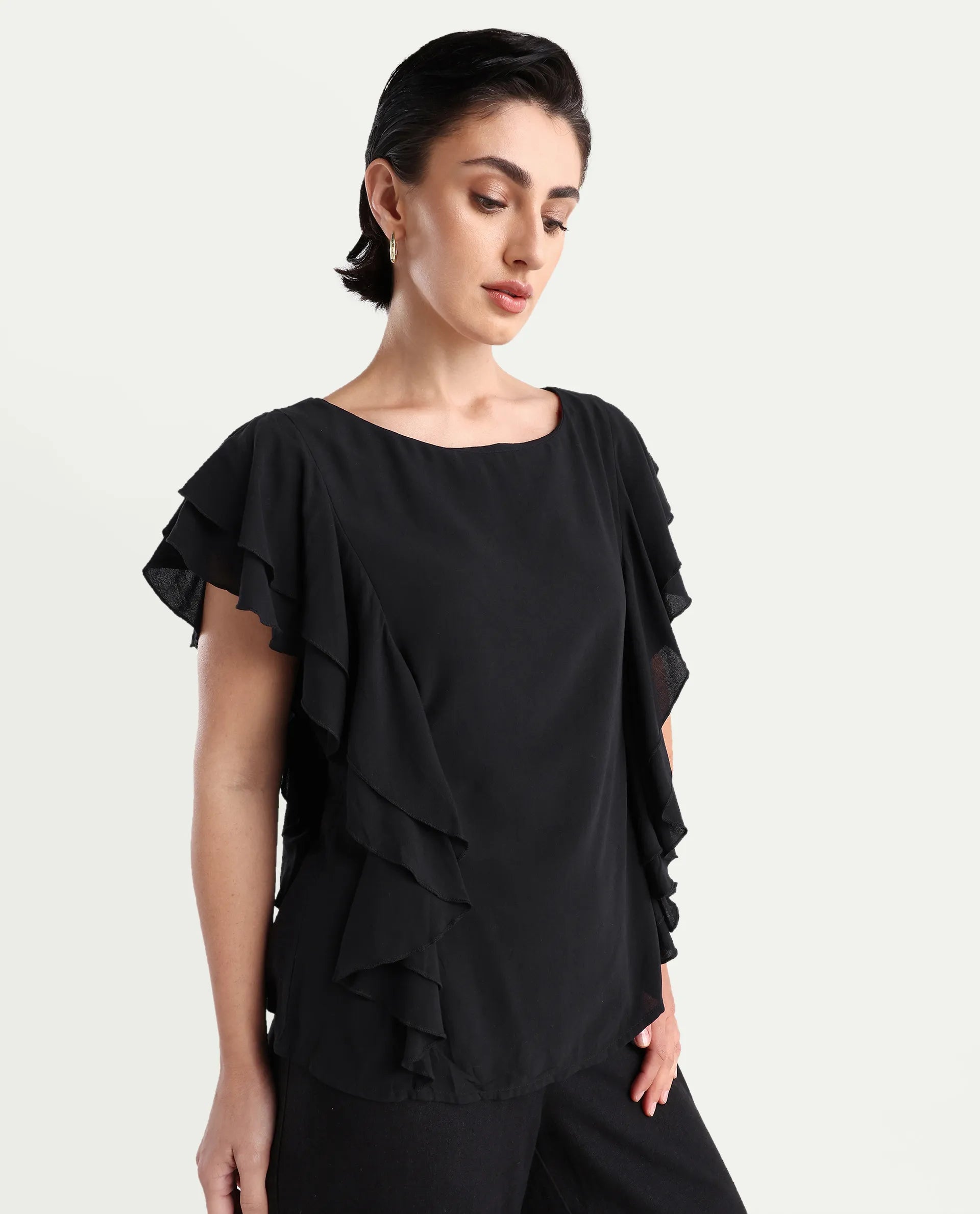 Rareism Women's Samal Black Viscose Blend Boat Neck Plain Ruffled Sleeve Regular Fit Top