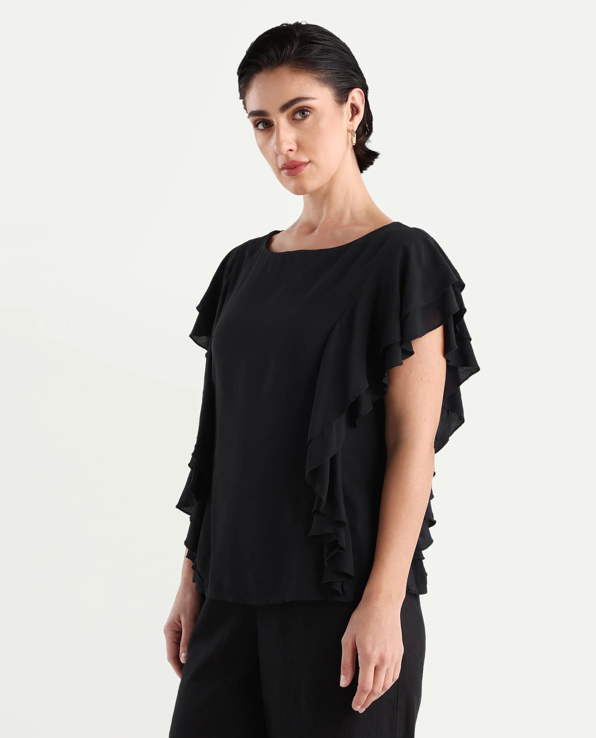 Rareism Women's Samal Black Viscose Blend Boat Neck Plain Ruffled Sleeve Regular Fit Top