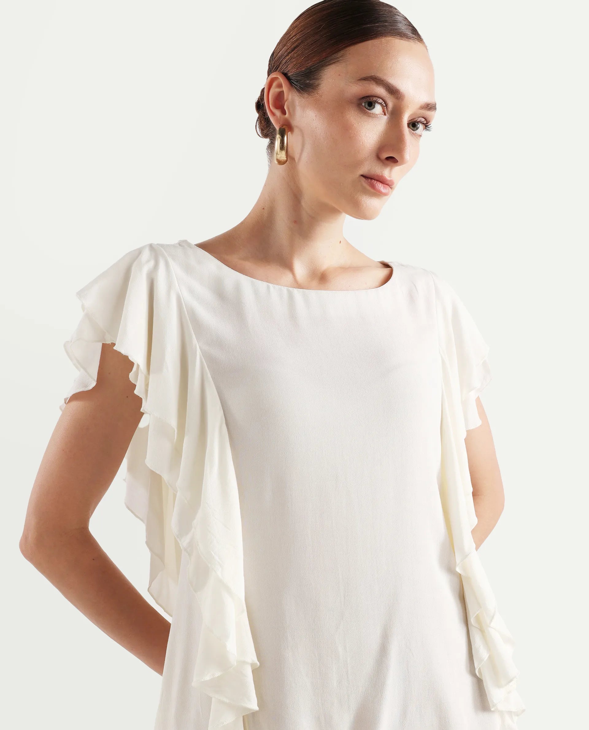 Rareism Women's Samal Off White Viscose Blend Boat Neck Plain Ruffled Sleeve Regular Fit Top